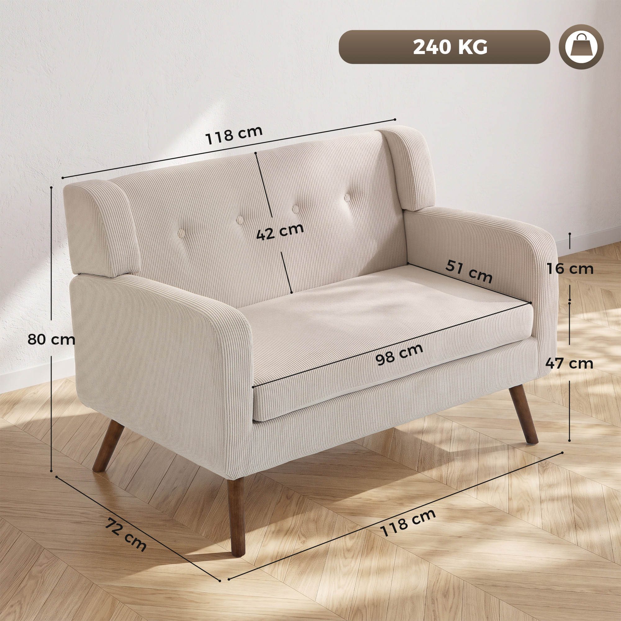 2 Sitzer 118 cm Couch mit Cord-Optik, Knopfheftung Bequeme Modernes Polstersofa mit Holzbeinen für kleine Räume