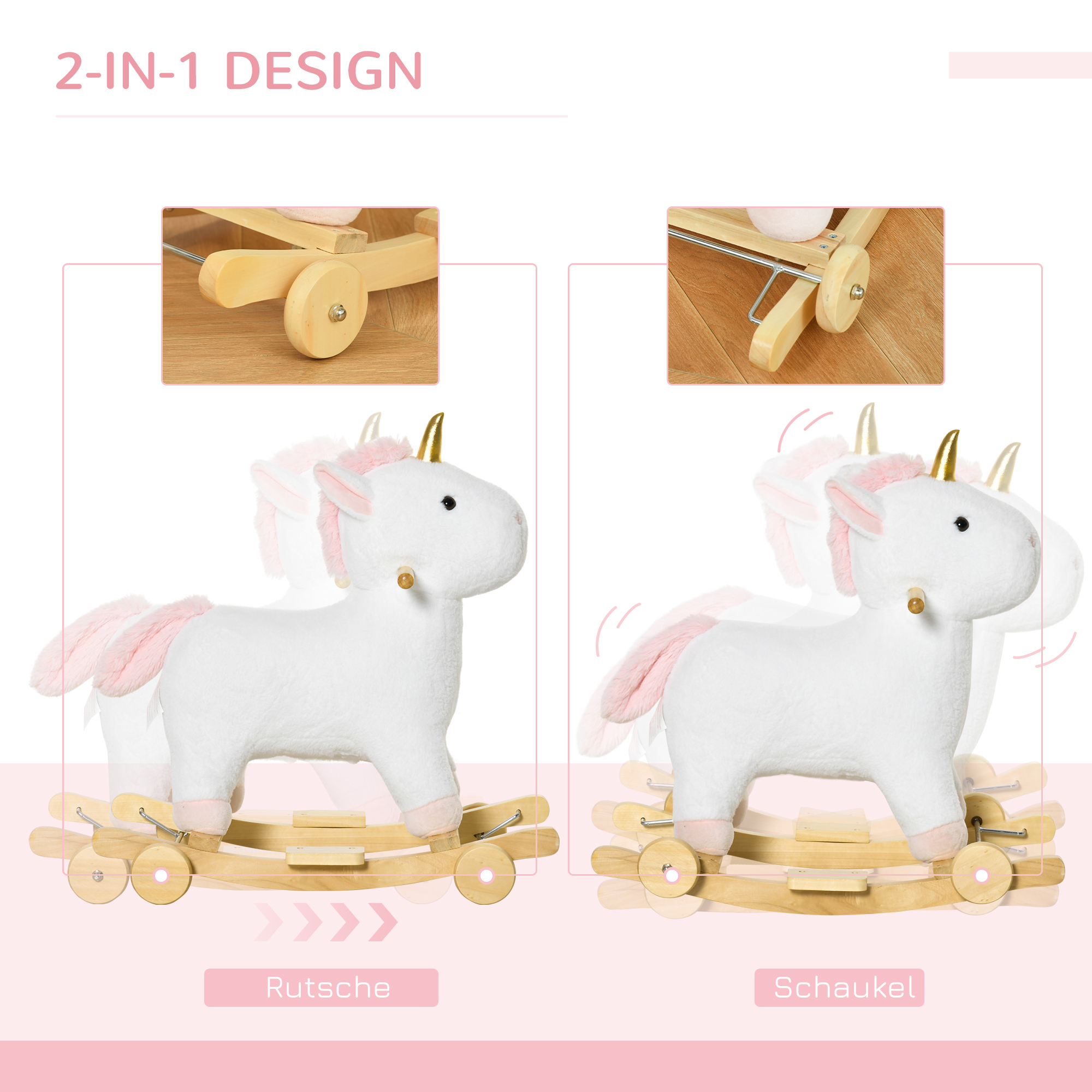 2-IN-1 Schaukelpferd mit Räder Plüsch Schaukeltier Babyschaukel Spielzeug Weiß 63 x 38 x 63 cm