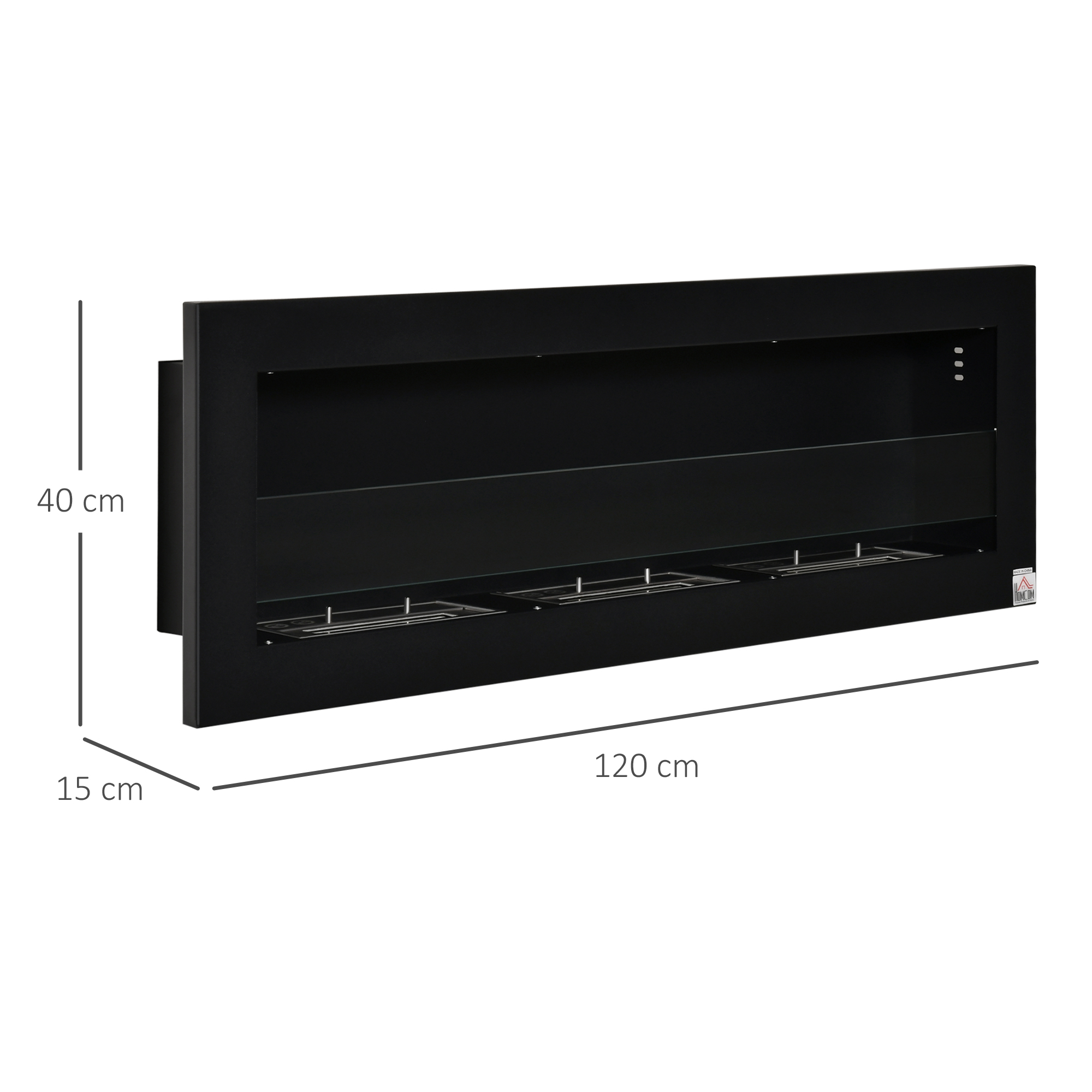 Ethanol-Kamin Bio-Ethanol-Brenner 3 Brennboxen 1L 3 Std, Brenndauer 2000W kein Rauch wandmontiert Stahl gehärtetes Glas Schwarz 120 x 15 x 40 cm
