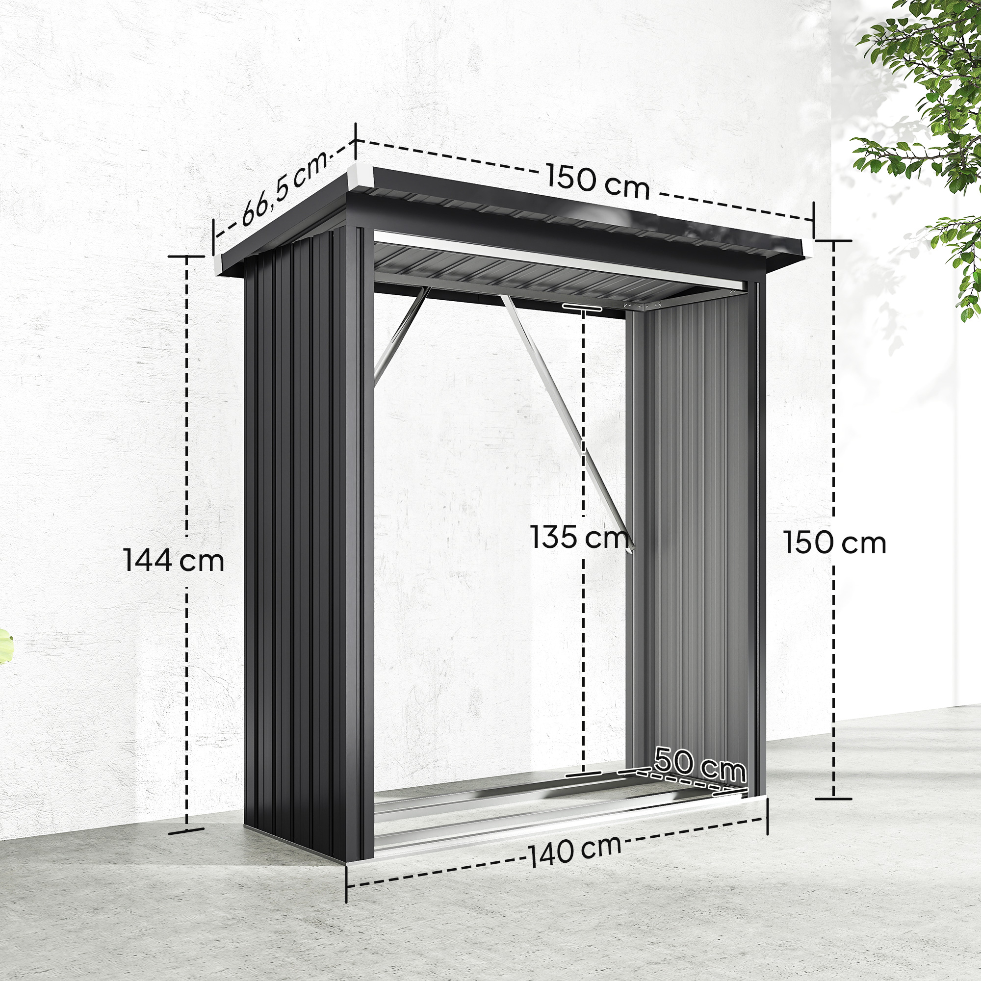 Brennholzschuppen, Feuerholzunterstand, Stahl, erhöhter Boden, Schrägdach, 150 x 66,5 x 150 cm, Dunkelgrau