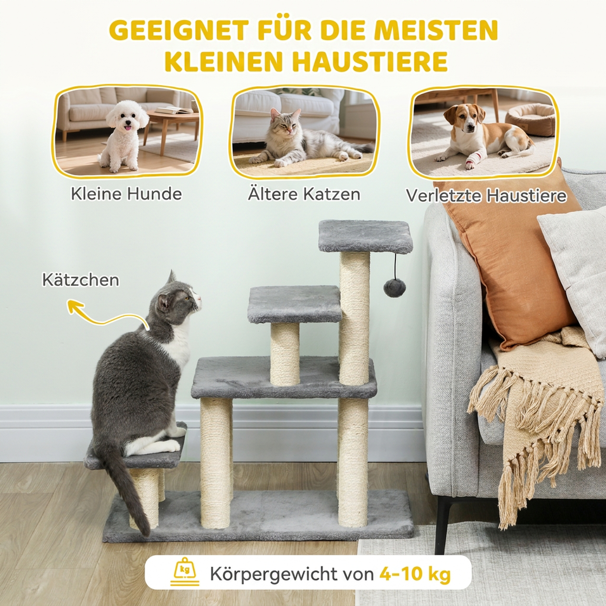 Hundetreppe 4 Stufen 68 cm Hoch verstellbar Haustiertreppe für Kleine Hunde Katzentreppe Sisal Kratzbäumen, Spielball