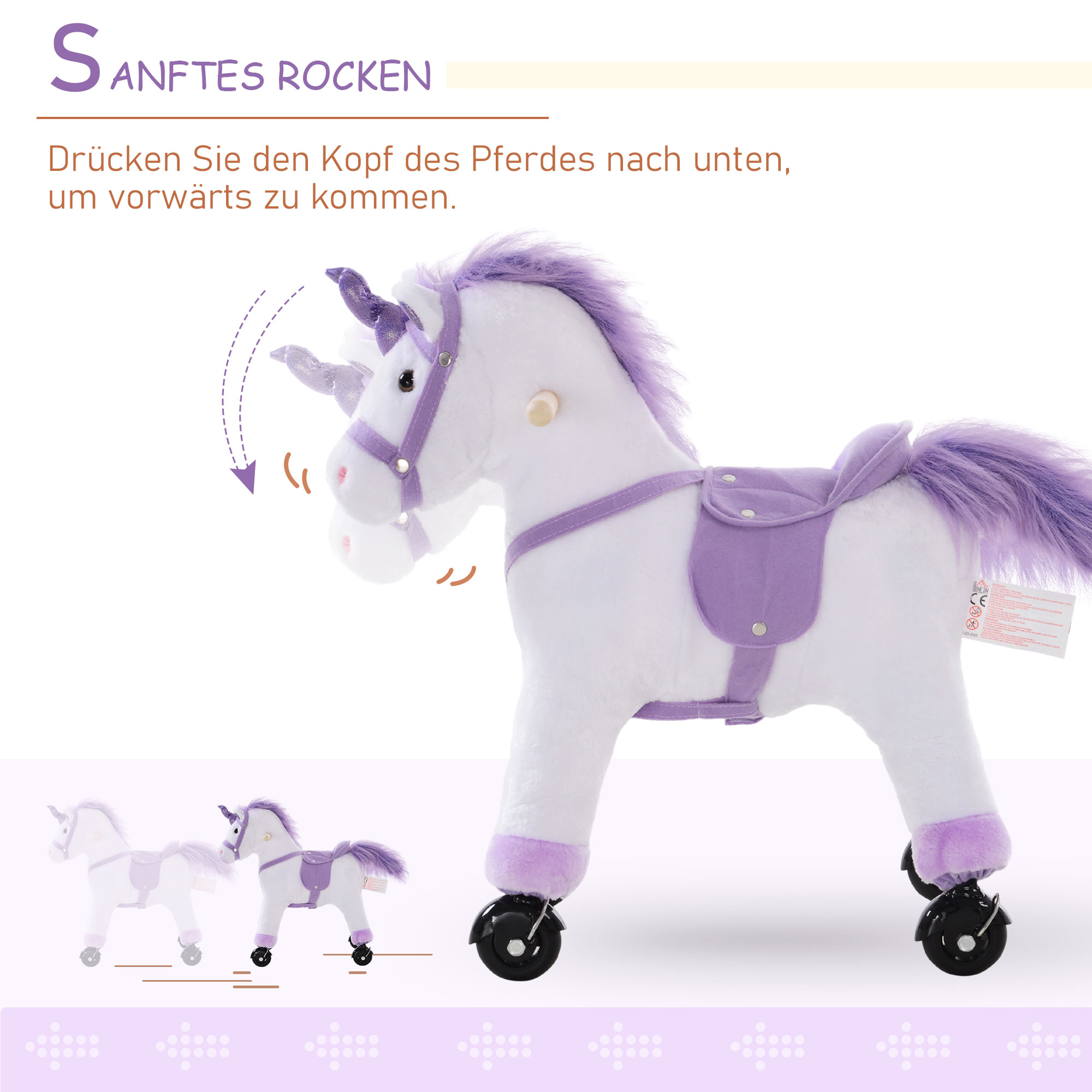 Reitpferd auf Rollen Spielpferd Reittier  Wiehern Plüsch Lila 55 x 23 x 60 cm