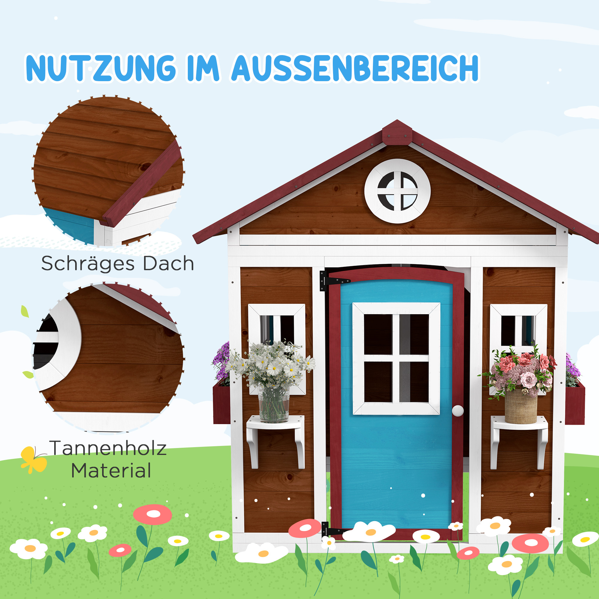 Kinderspielhaus, Holz-Spielhaus für Kinder, Outdoor-Gartenspielhaus mit Fenstern, Blumentöpfe, 3-8 Jahre, Blau
