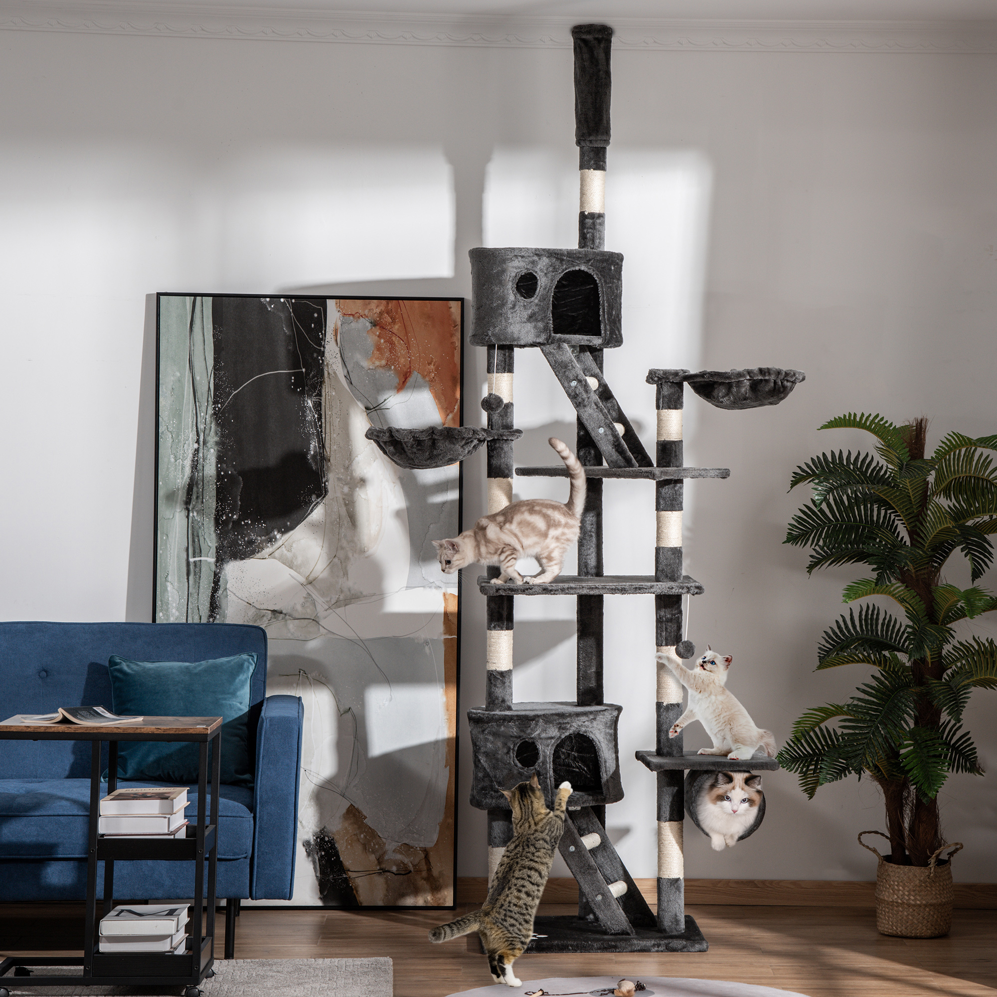 Kratzbaum deckenhoch Höhe 240-260 cm Katzenbaum mit Plüschbälle, Katzenhöhle, Hängematte, Sisalstämme, Plattformen mehrstöckiger Katzenkratzbaum Kletterbaum für große Katzen, Dunkelgrau
