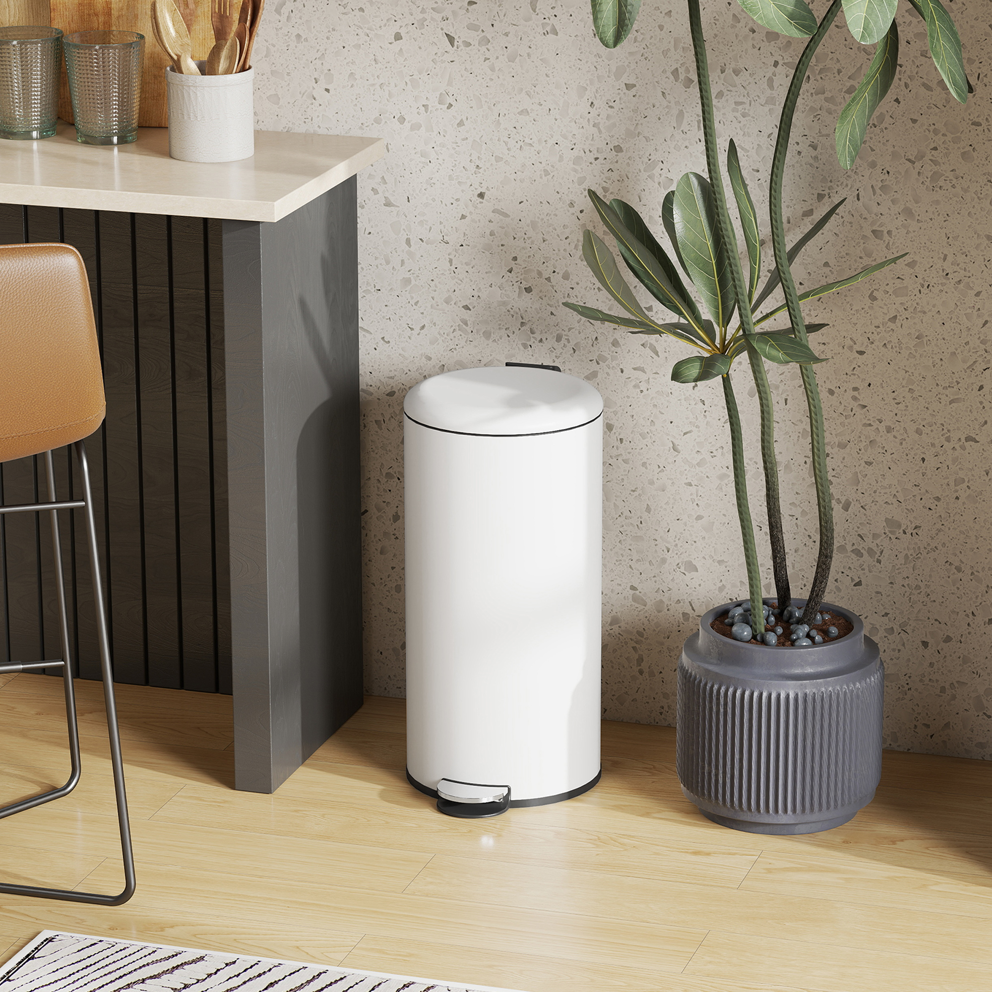 Mülleimer 30L, Treteimer, einrastbarer Deckel, Pedal, fleckenresistent, Cremeweiß