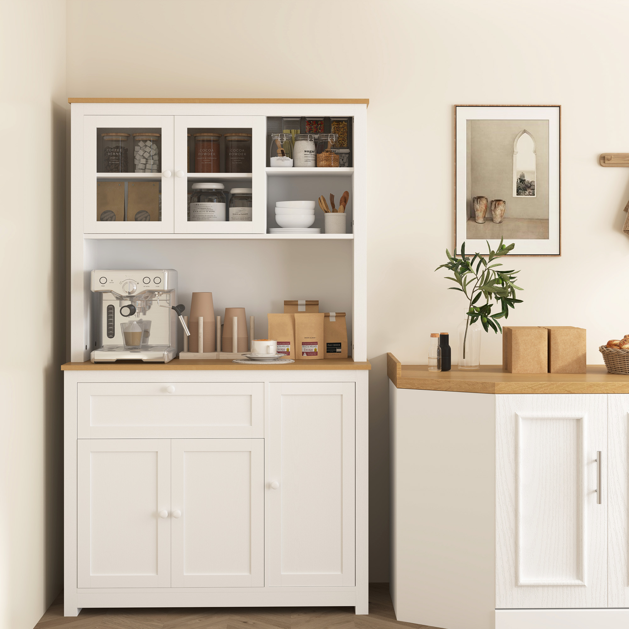 Küchenschrank im Landhausstil, 1 Vitrine, 1 offenes Regal, 1 Schublade, 2 Schränke, Natur + Weiß