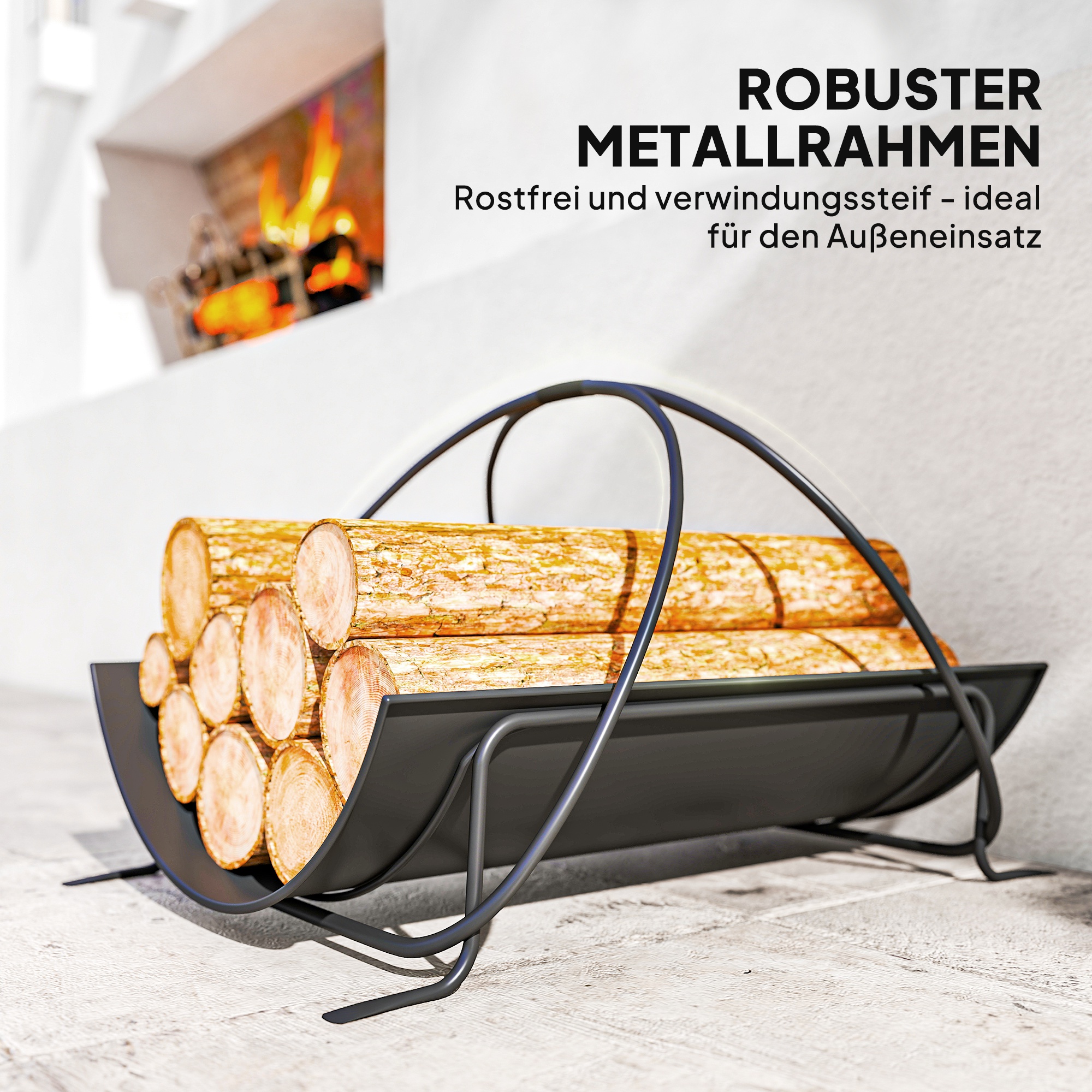 Kaminholzregal für innen 51 x 38 x 33cm geometrische Brennholzregal mit Griff aus Metall, Schwarz