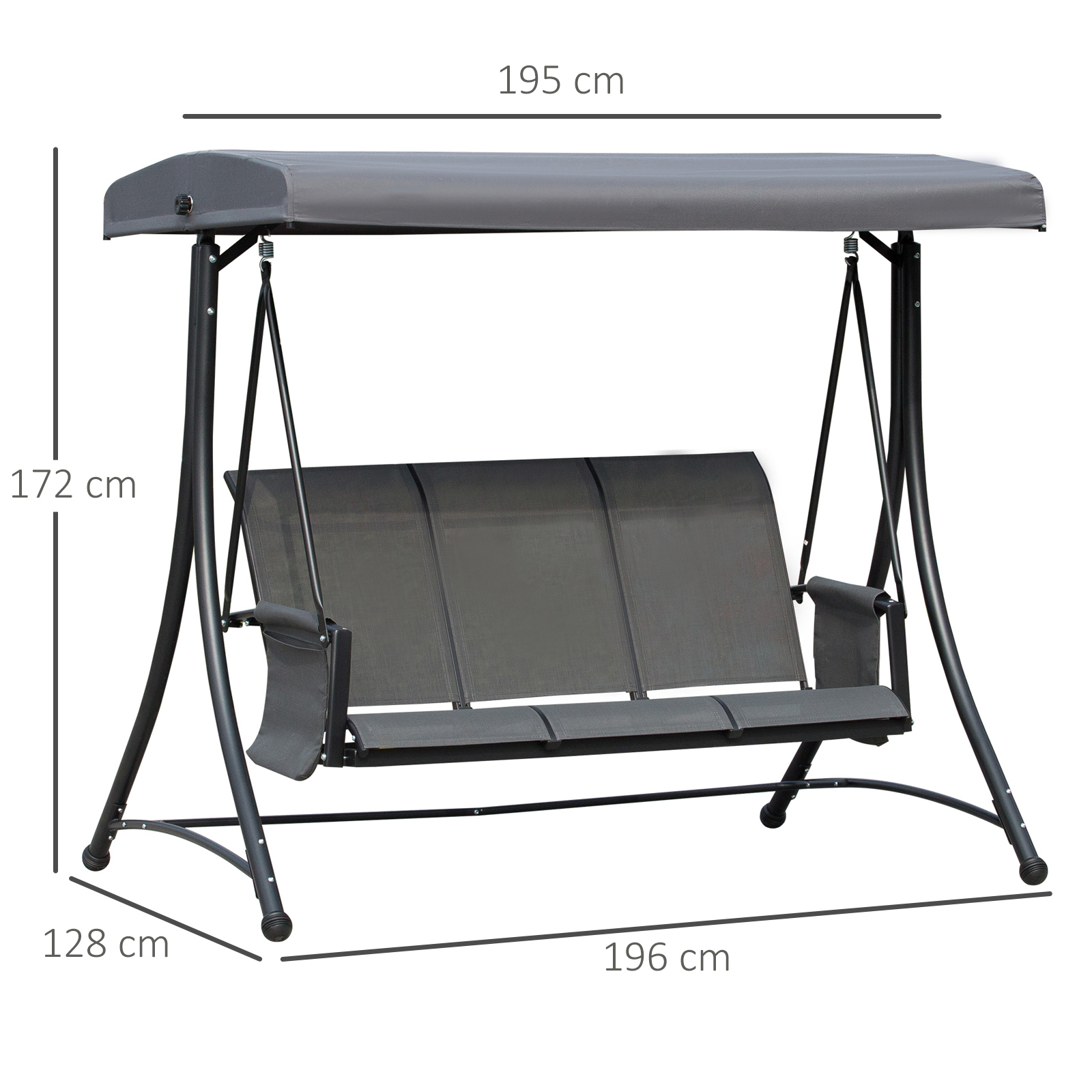 Hollywoodschaukel mit Seitentasche, 3-Sitzer Gartenschaukel mit verstellbarem Sonnendach, Schaukelbank belast bis 300kg, für Garten, Terrasse, 196 x 128 x 172 cm, Dunkelgrau