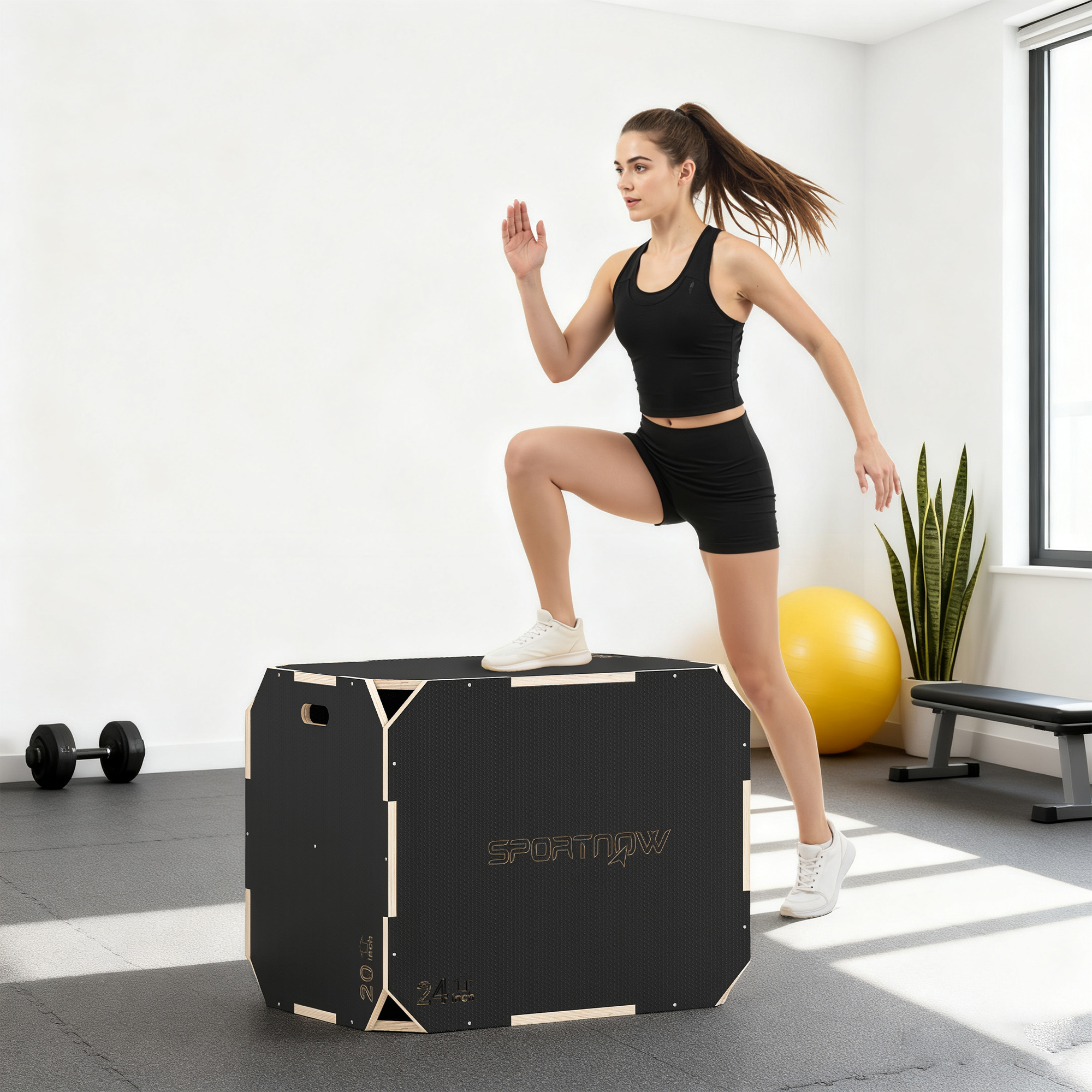 3-in-1 Plyo-Box, Sprungbox mit Griff-Öffnungen, für Home-Fitness und Outdoor-Workouts, 3 Sprunghöhen, Holz, Schwarz