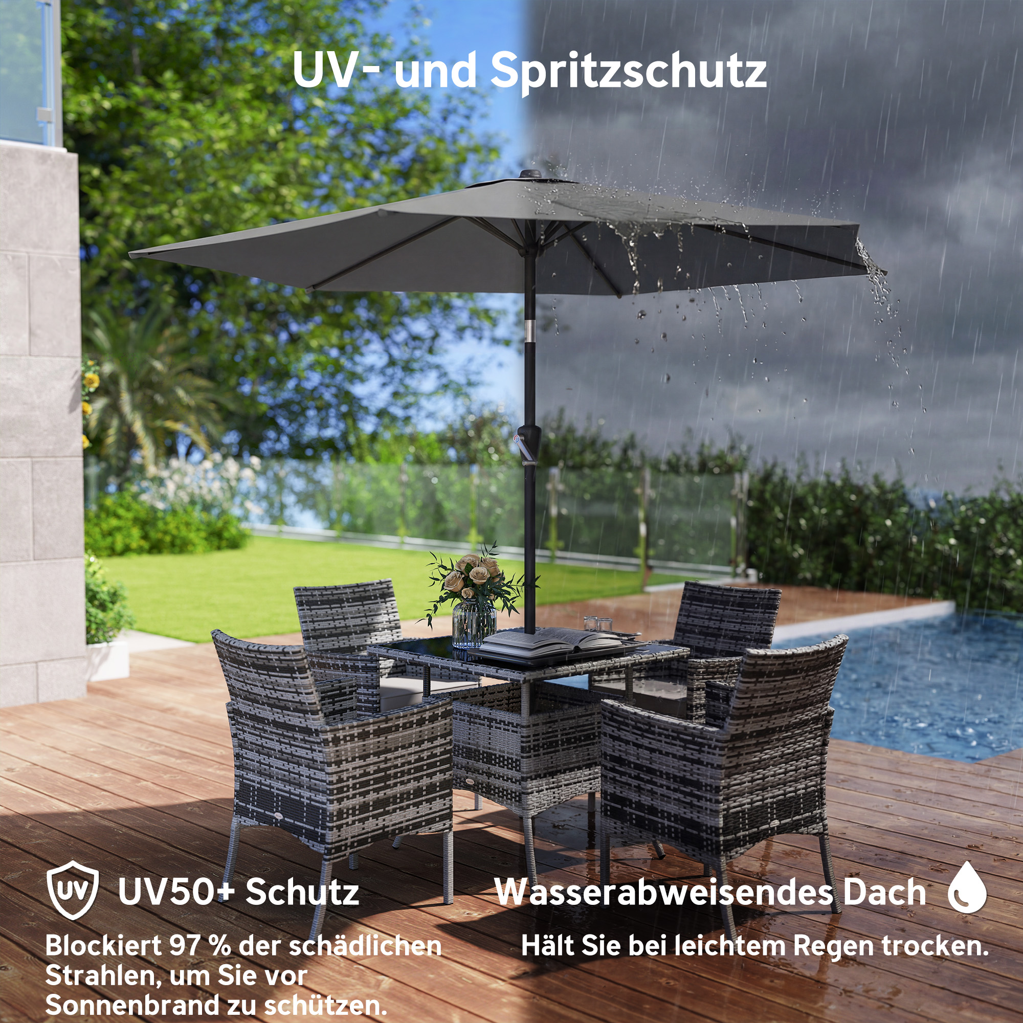 Sonnenschirm 270 cm knickbar Balkonschirm mit Kurbel UV 50+ Gartenschirm Dunkelgrau