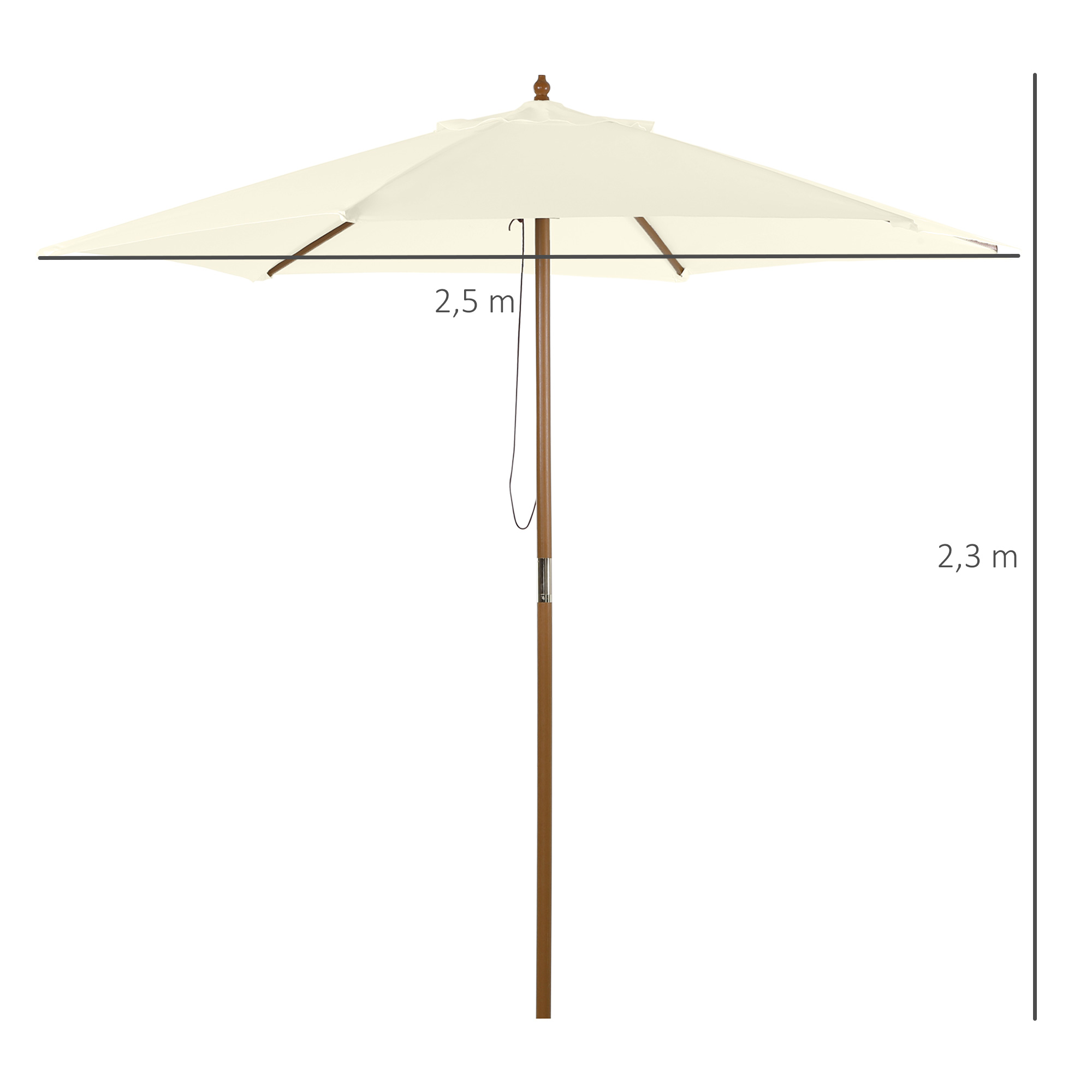 Sonnenschirm Ø 250 cm, Sonnenschirm mit Seilzugmechanismus Balkonschirm Strandschirm aus Bambus windfest Marktschirm Sonnenschutz für Balkon Terrasse Garten, Weiß