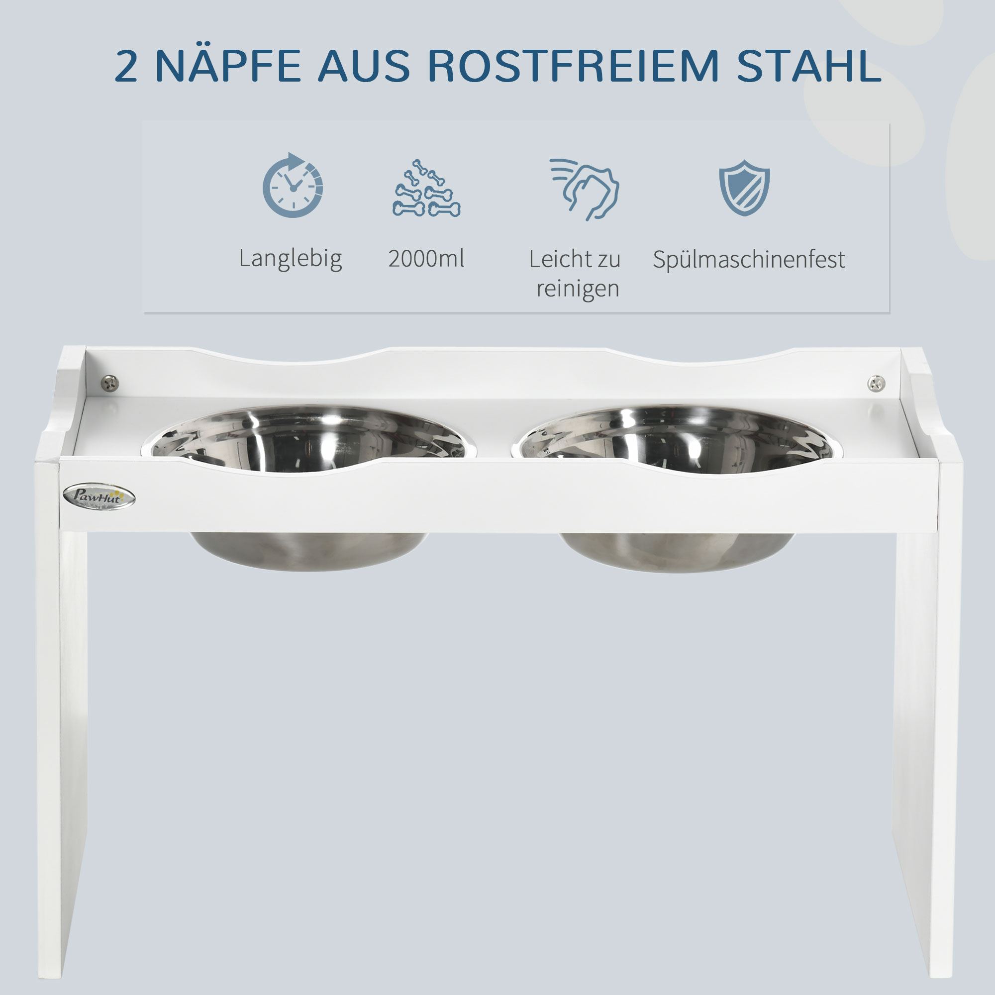 Futterstation, Napfständer, 2 Fressnäpfe je 2 Liter, Edelstahl, für große Hunde, weiß, 63 x 30 x 24cm