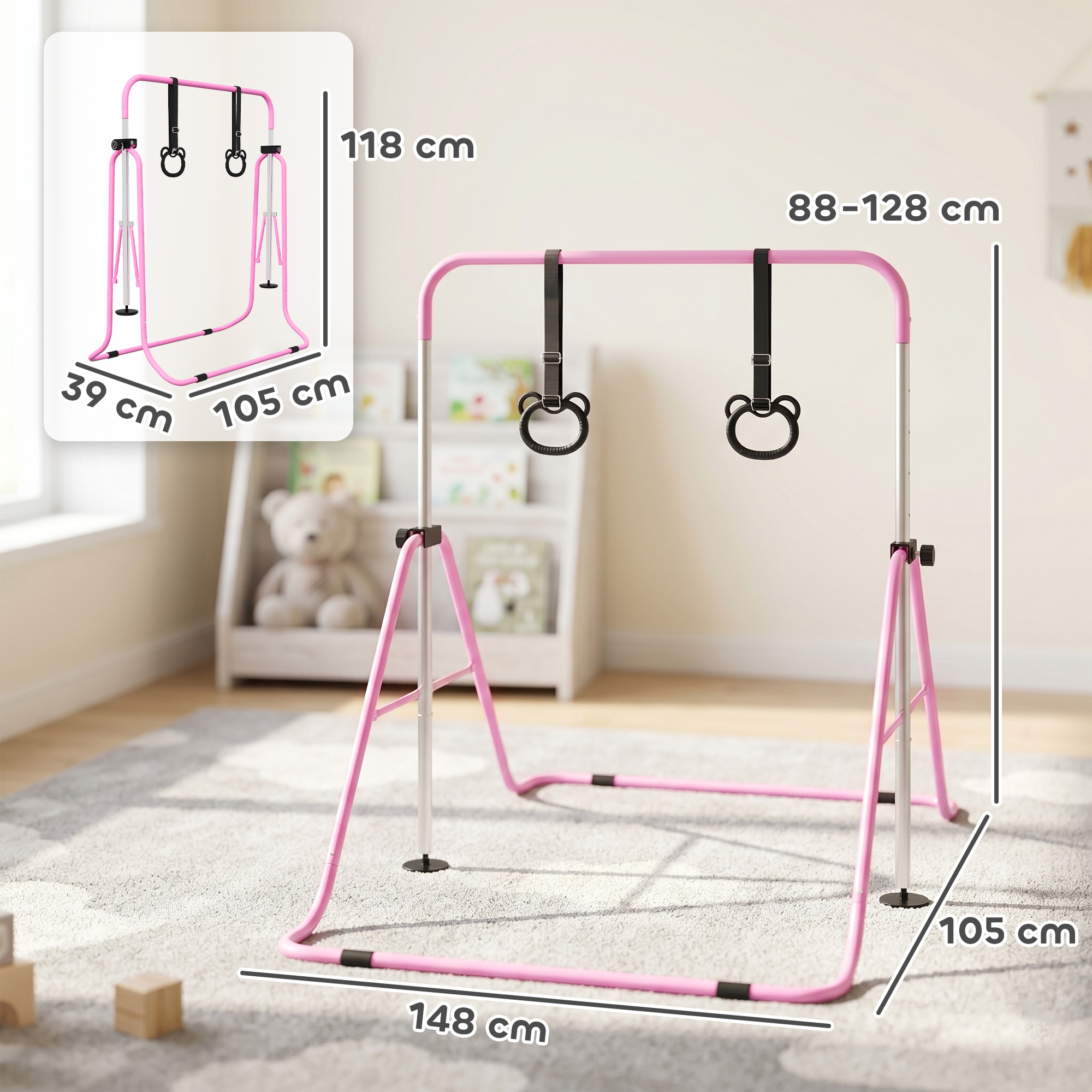 Kinder-Turnbarren mit Ringen, höhenverstellbar, klappbar, rutschfest, Stahlrahmen, 148x105x88-128 cm, Pink