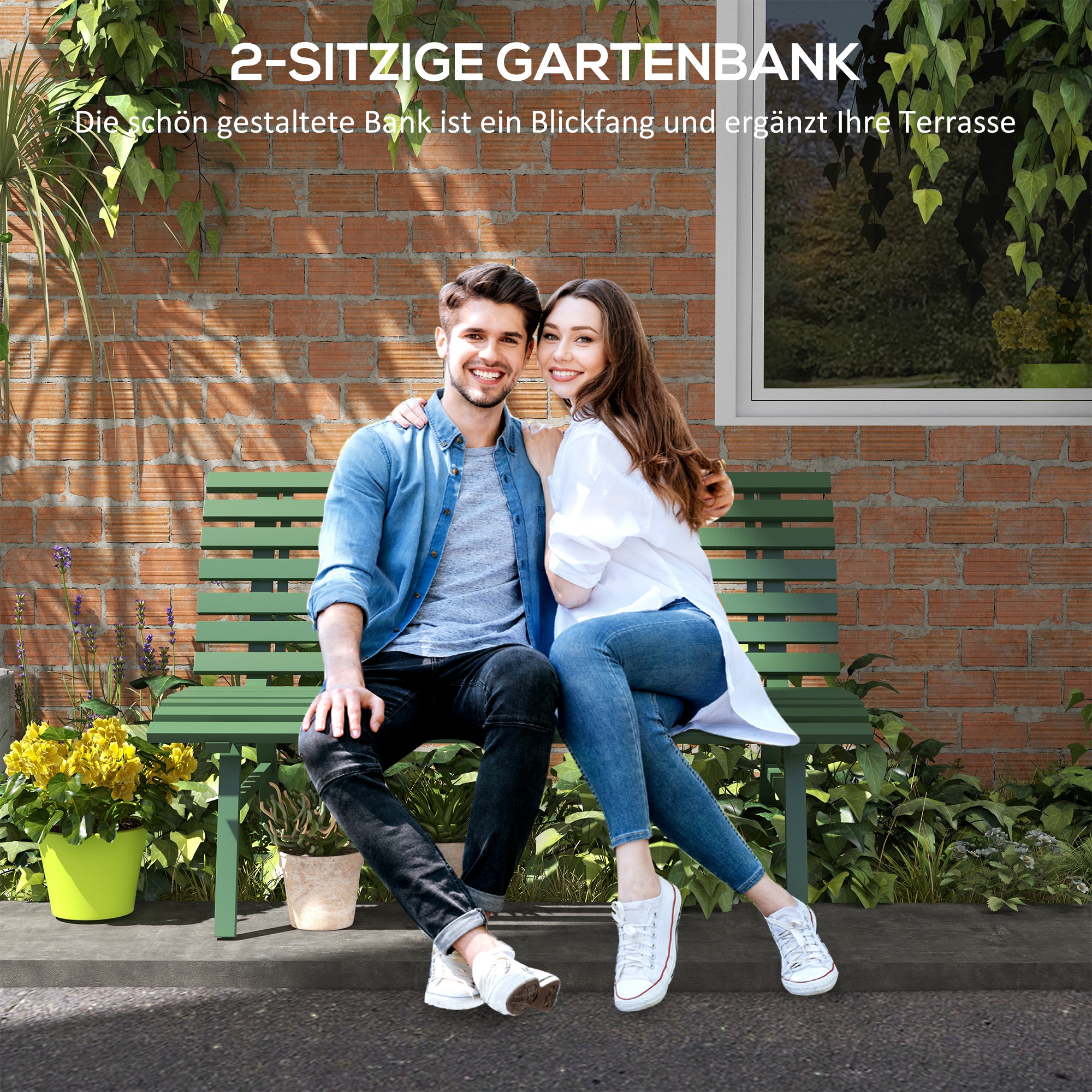 Gartenbank Sitzbank Parkbank, Lattendesign, wetterbeständig, Aluminium, 123 x 67 x 79 cm, Grün