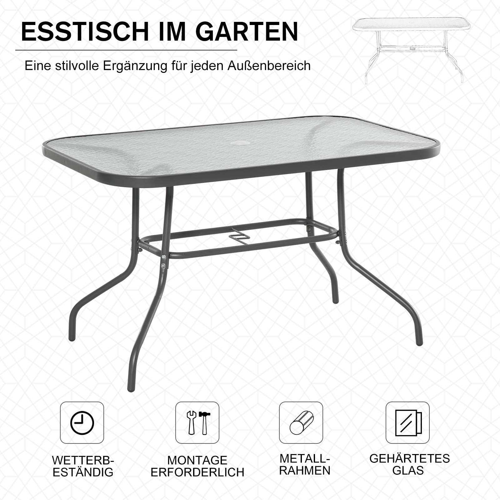 Gartentisch Bistrotisch Balkontisch Garten Beistelltisch Bistrotisch Gartenmöbel mit Glasplatte Schirmloch Hartglas + Metall Carbongrau  120 x 80 x 70 cm