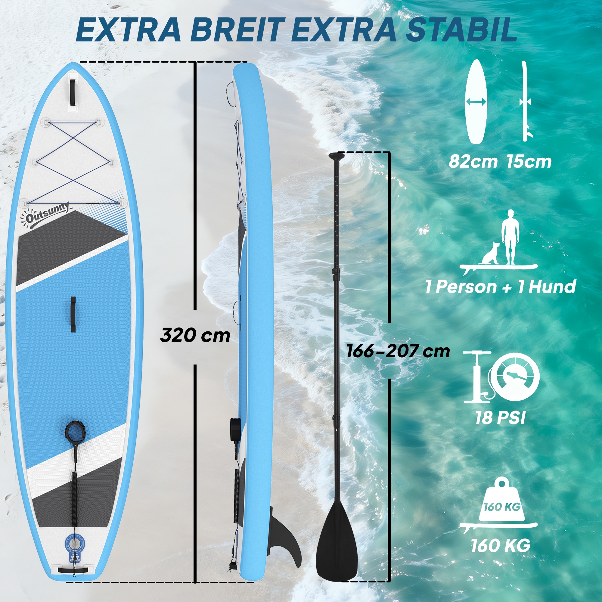 Stand Up Paddling Board Set Aufblasbar 320cm SUP Board mit Verstellbares Paddel Rutschfest EVA-Deck Fußschlaufe Pumpe