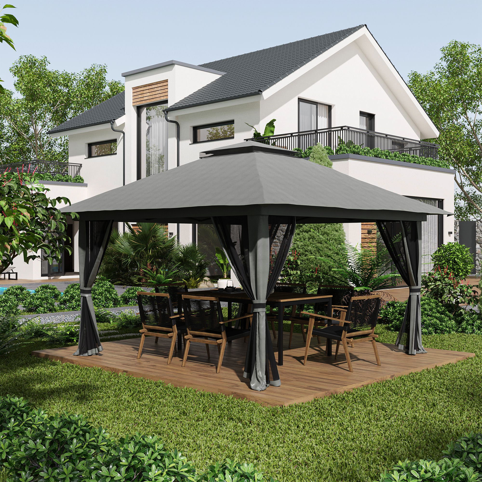Faltpavillon, höhenverstellbar, 4 Netzwände, Lüftungsdach, Tragetasche, Schnellaufbau, dunkelgrau, 4 x 4 x 3 m