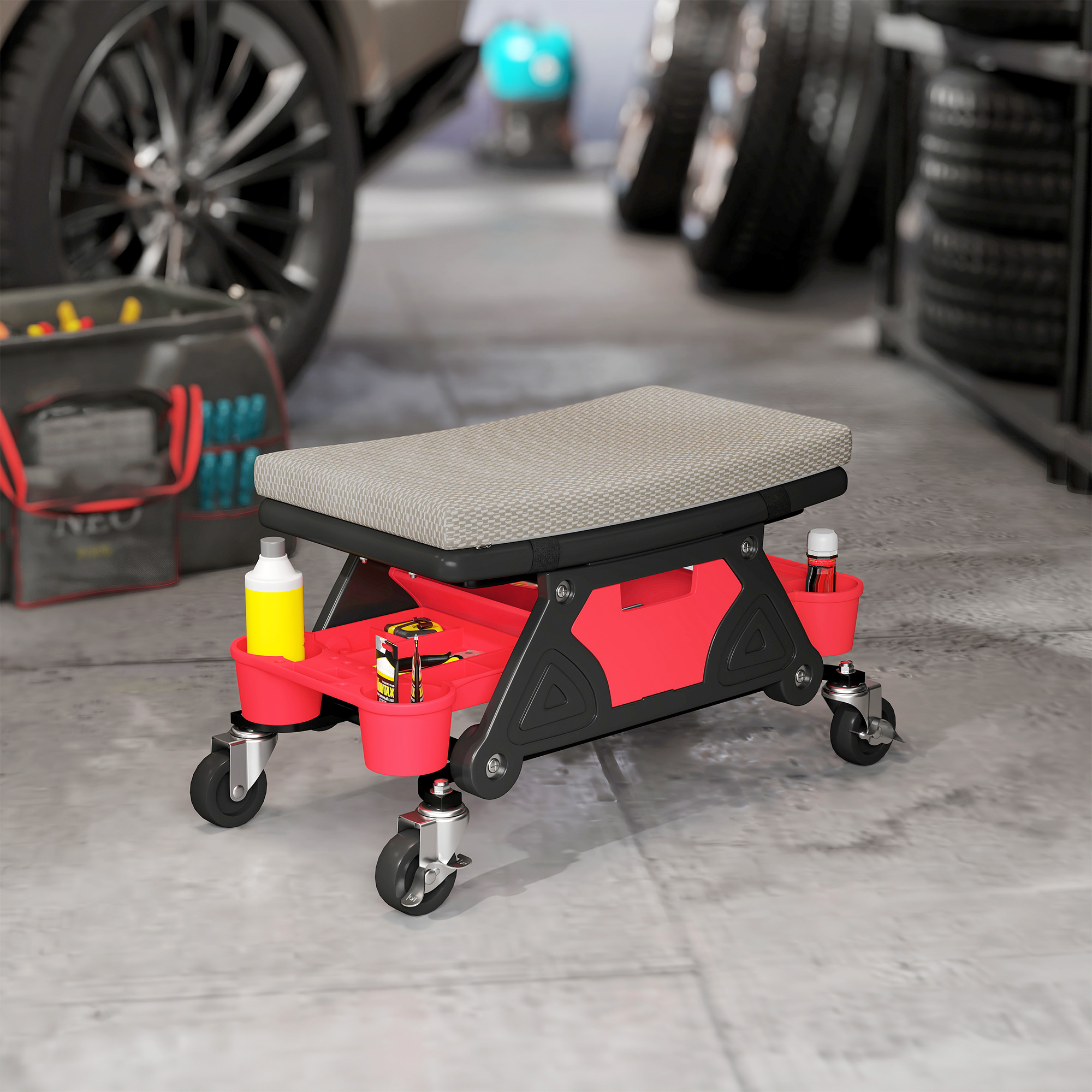 Werkstatthocker mit Rollen Ablagefläche 35cm hoch Rollhocker bis 135 kg belastbar Grau
