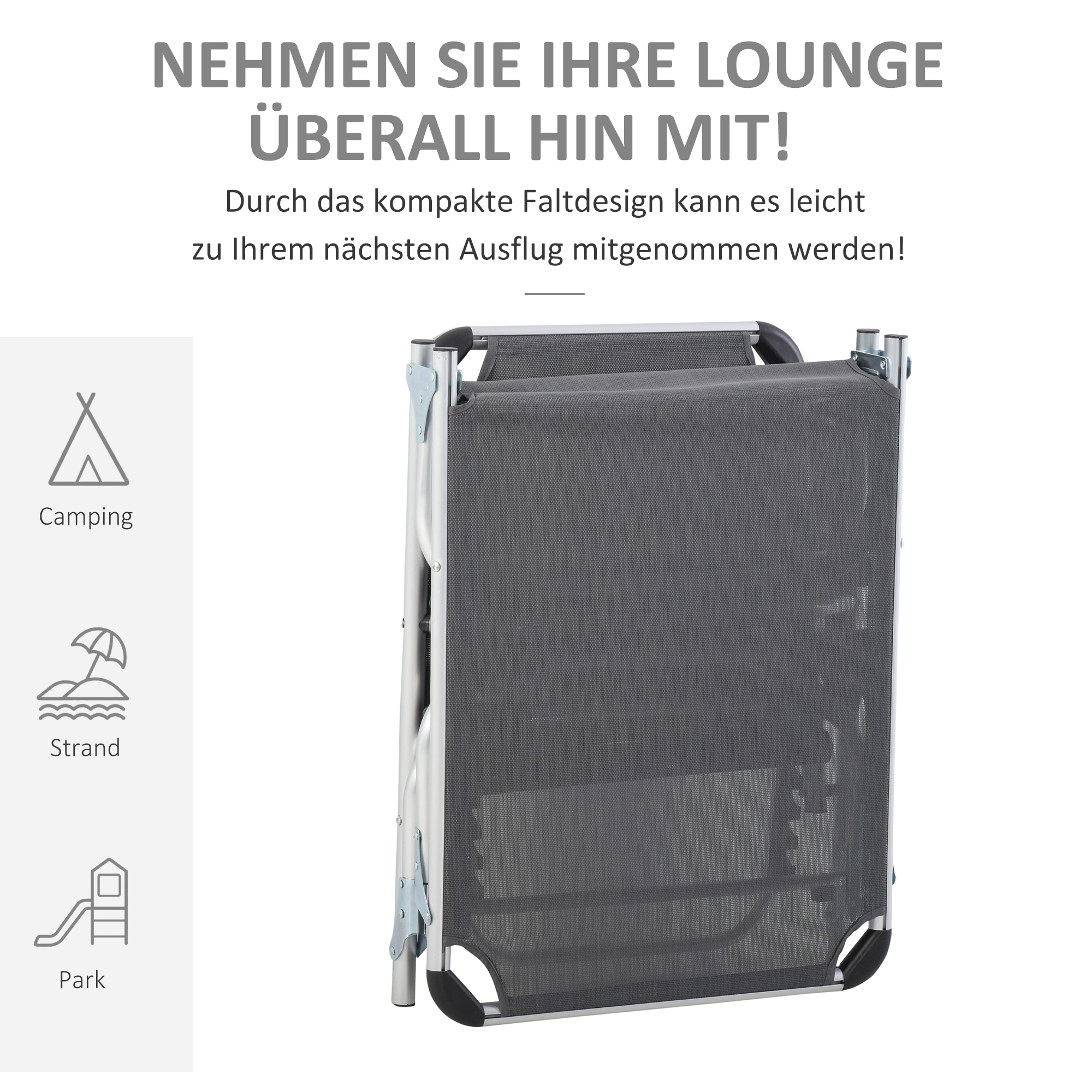 Sonnenliege faltbar Gartenliege mit Kopfkissen Liegestuhl mit der 4-stufig verstellbaren Rückenlehne Campingliege bis 120 kg belastbar für Outdoor-Park, Garten, Grau