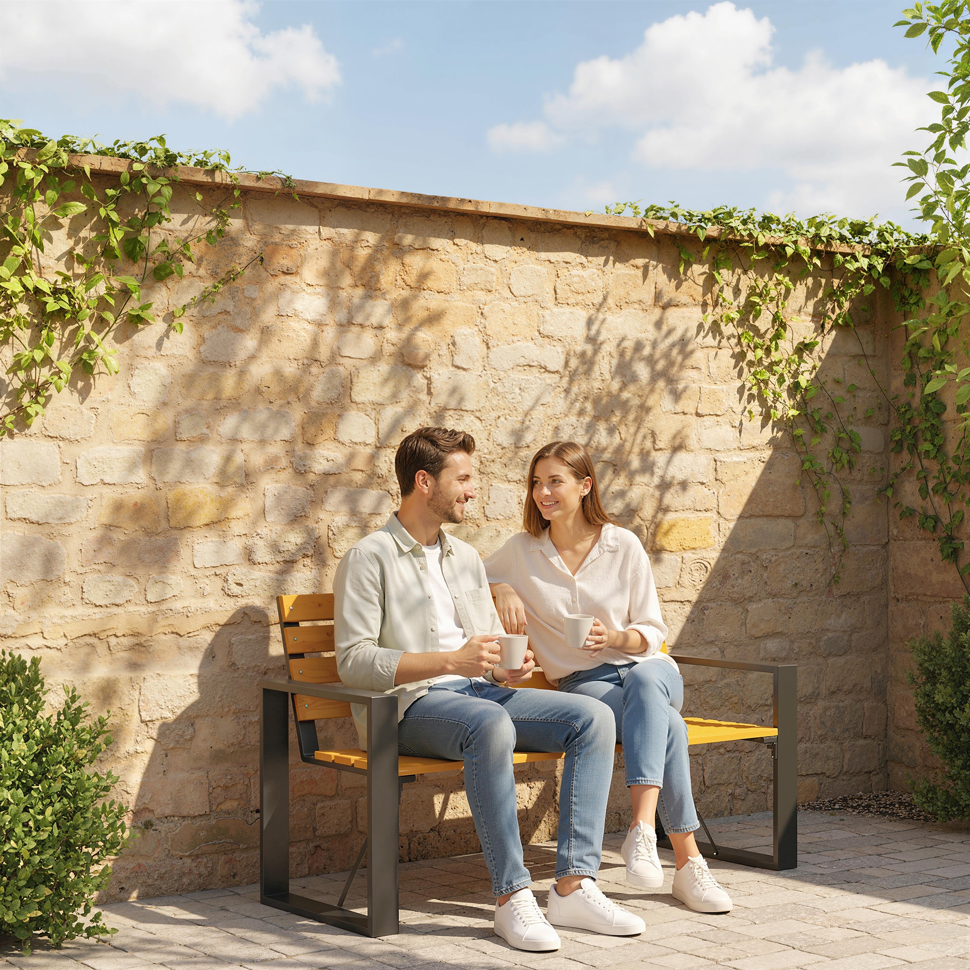 Gartenbank 2-Sitzer Wetterfest Holzbank mit Lamelldesign Armlehnen, Holz Sitzbank bis 240 kg Naturholz