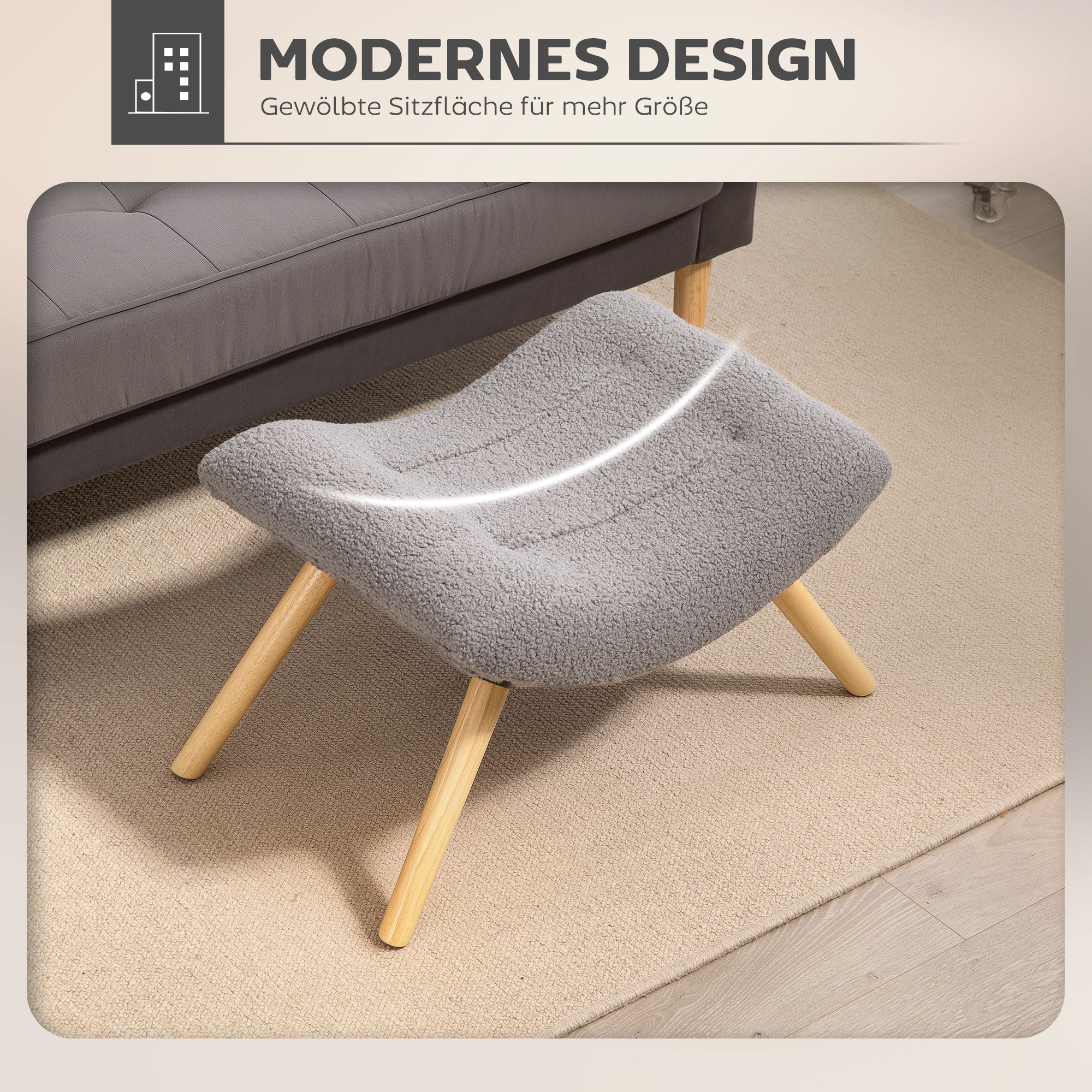 Moderner Fußhocker mit Fleece-Bezug und Holzbeinen, gepolstert, für Wohnzimmer, Schlafzimmer, Flur, Hellgrau
