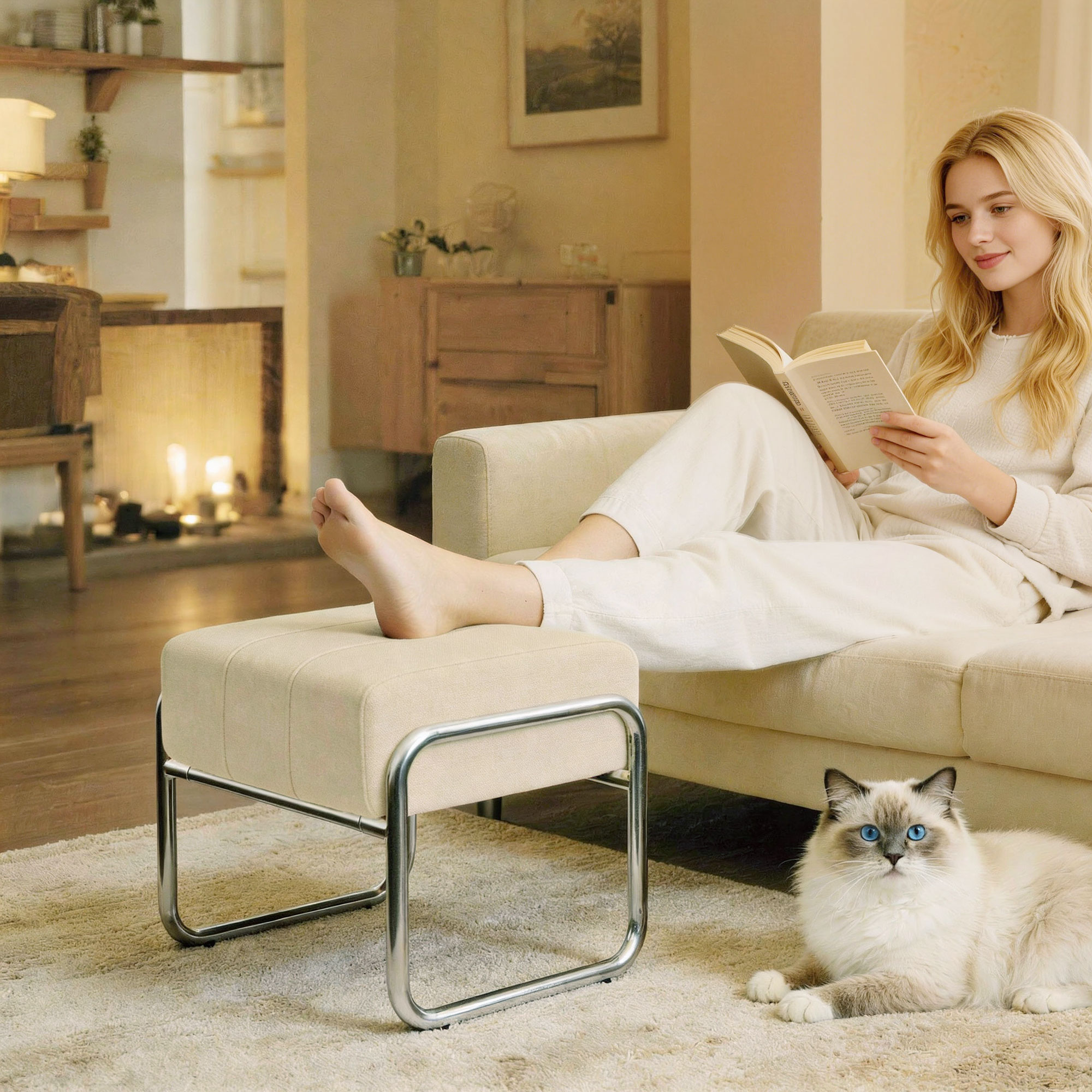 Fußhocker Sitzhocker Dick Gepolstert Hocker mit Chenille-Stoff Stahlbeinen für Schlafzimmer, Beige