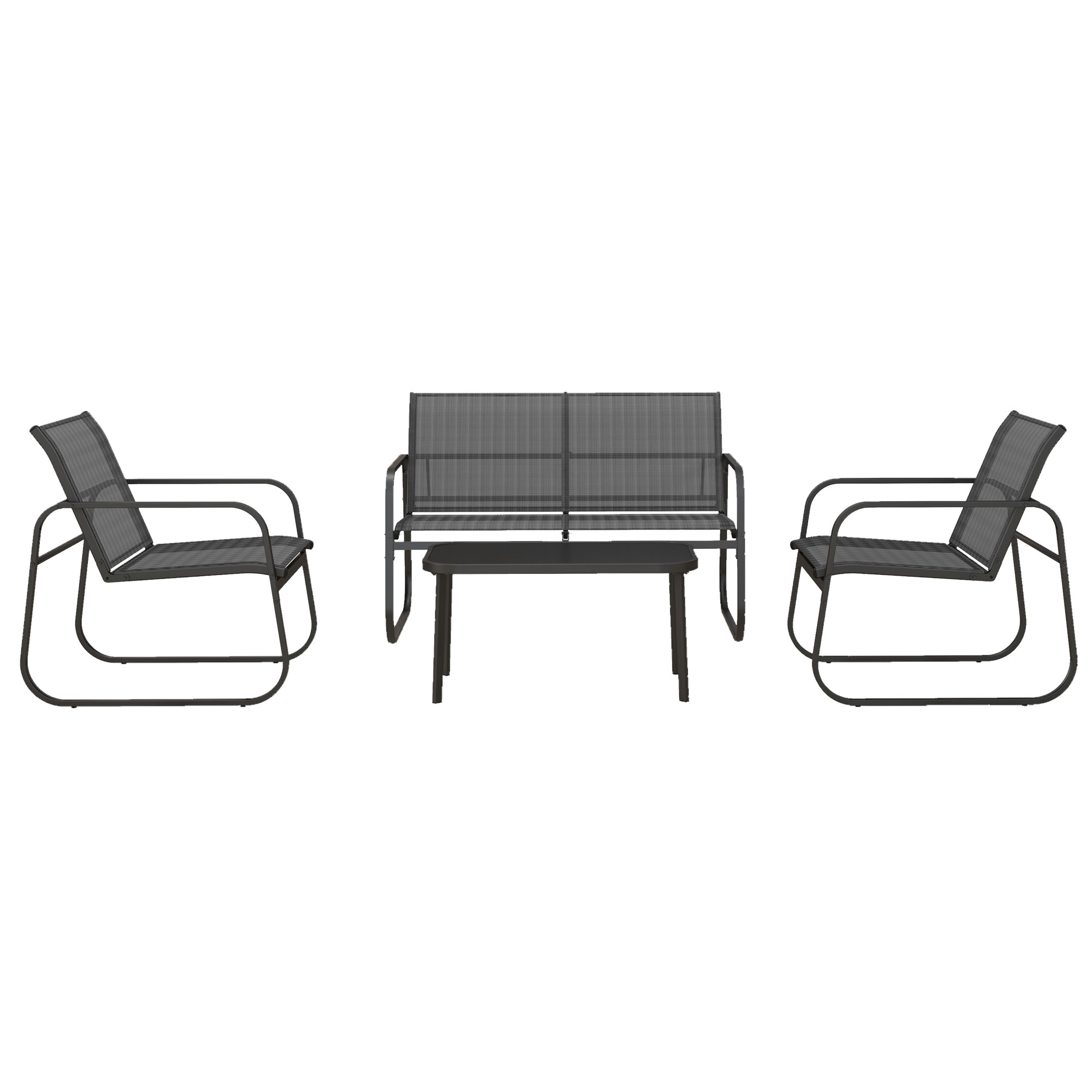 4-teilige Gartengarnitur, 2 Sessel, 2-Sitzer-Sofa, Tisch mit Glasplatte, atmungsaktiver Stoff, Metallrahmen, Schwarz