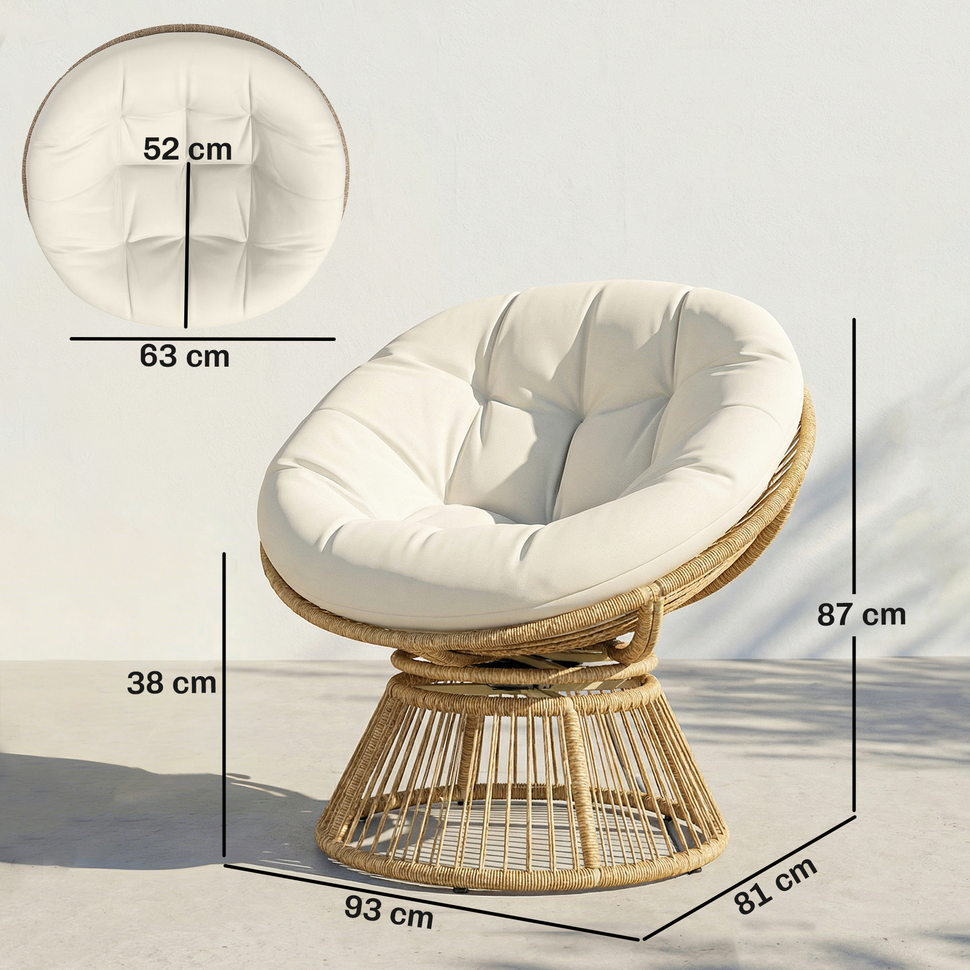 Papasansessel 360° drehbar Korbsessel mit Kissen Stahlrahmen runder Rattansessel Loungesessel Cremeweiß