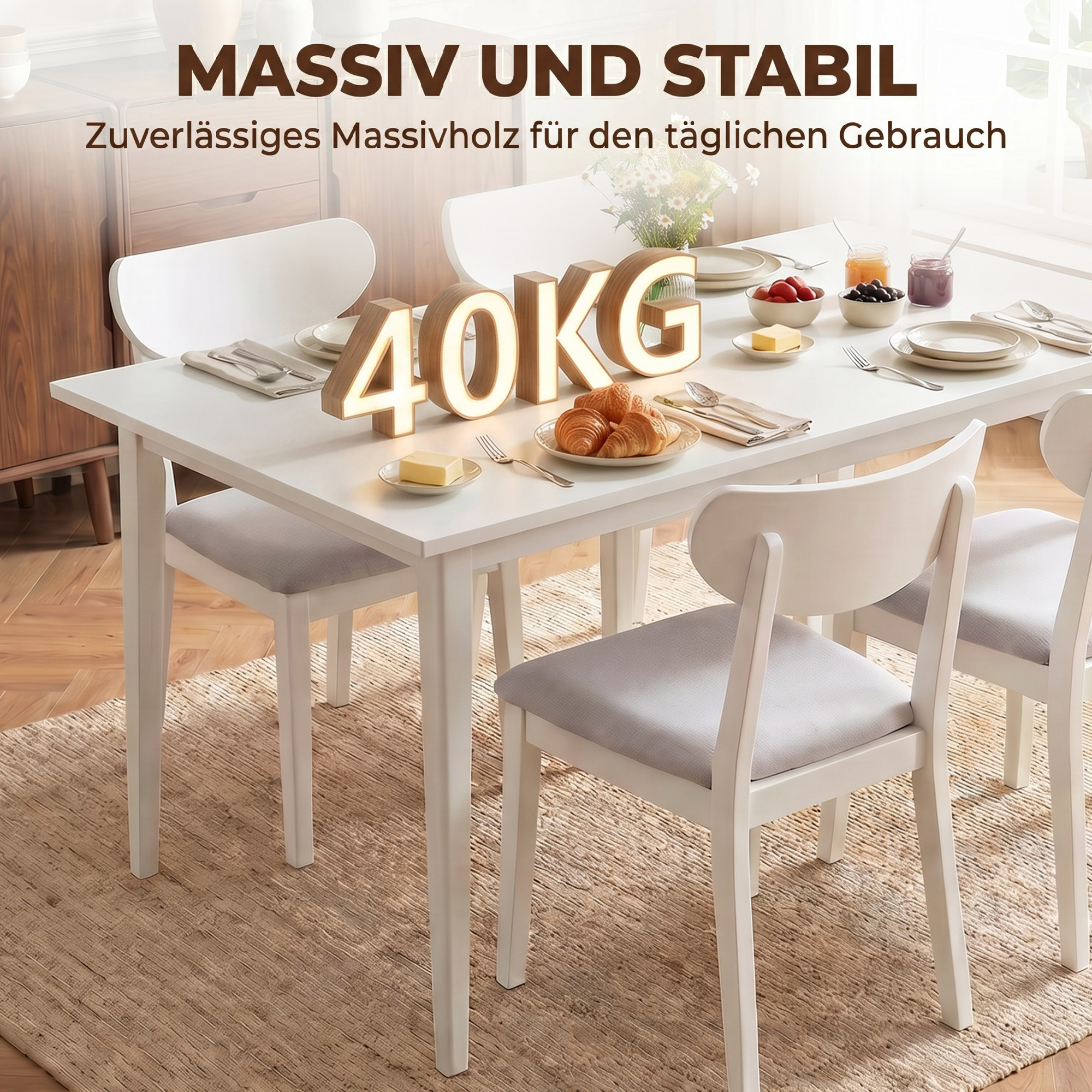 Esstisch für 8 Personen, Moderner Küchentisch mit Massivholzbeinen, 180 cm, Creme