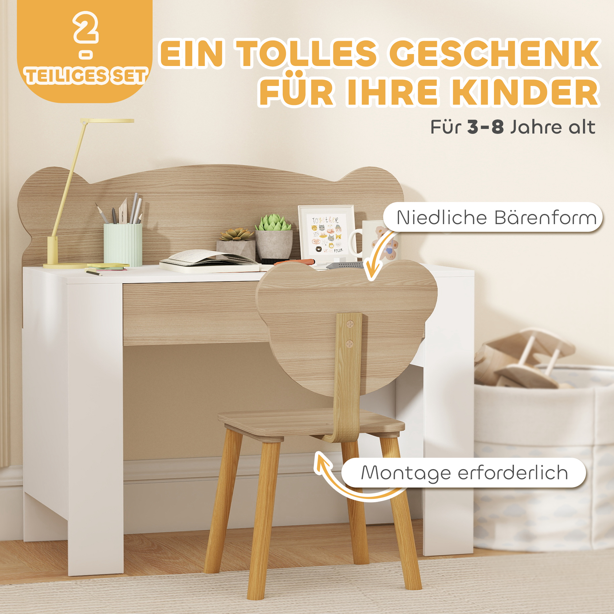 Schreibtisch-Set für Kinder, Arbeitstisch und Stuhl mit Bärenform, Schublade, zum Schreiben und Basteln, 3-8 Jahre, Naturholz