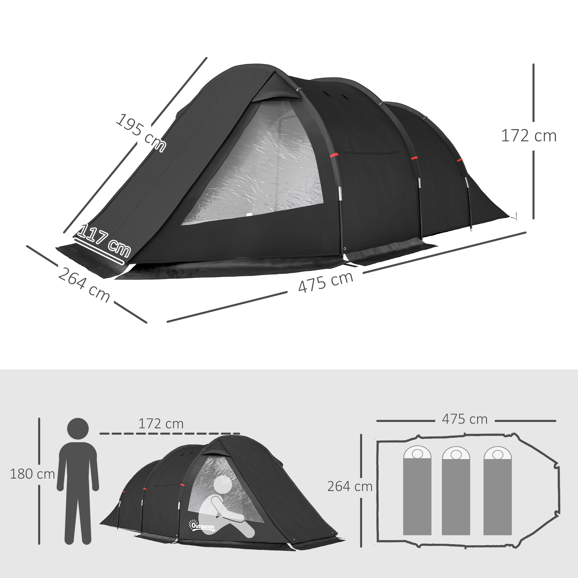 Campingzelt Trekkingzelt Zelt, wetterbeständig, 2 Räume,  475 x 264  cm Breite x 172, Schwarz