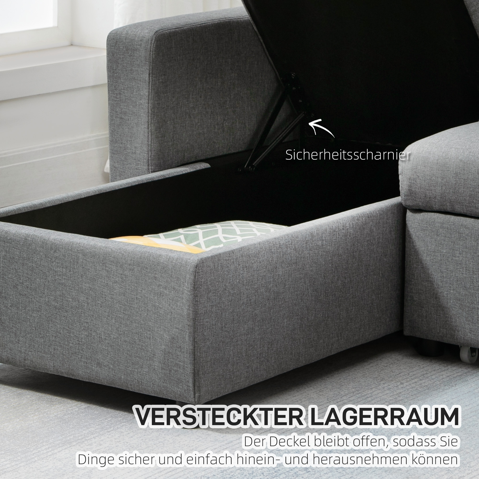 Ecksofa mit Schlaffunktion Stauraum Eckcouch mit Bettkasten Chaiselongue Schlafsofa Stoffsofa L-Form Leinen-Touch Hellgrau 211,5 x 146 x 85 cm