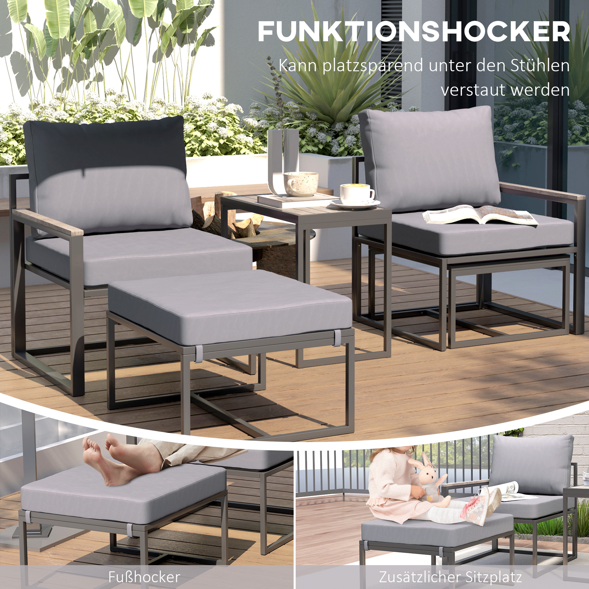 Stahl Gartenmöbel Set 2 Personen wetterfest Balkonmöbel-Set mit 2 Sessel Sitzkissen Beistelltisch Grau