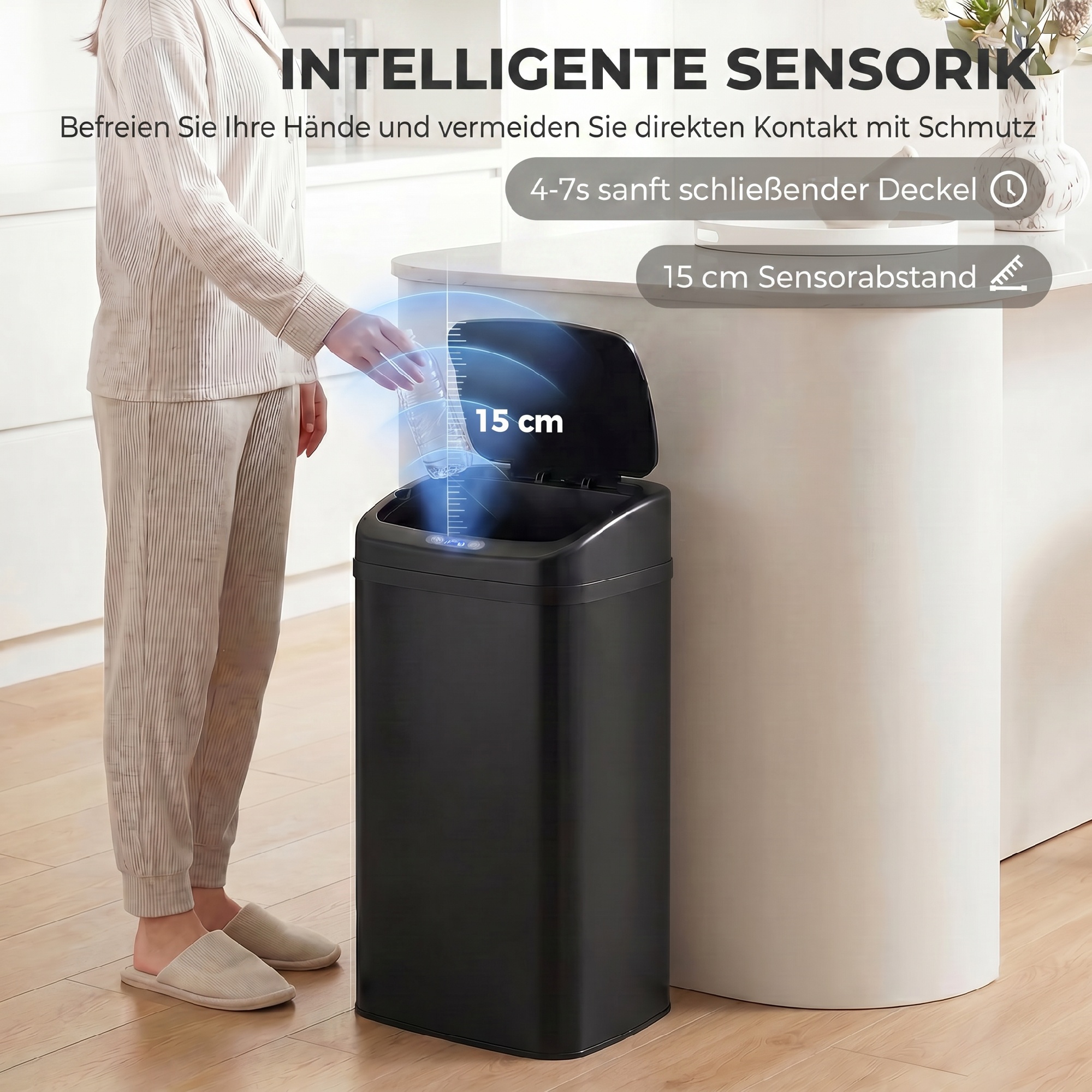 48l Sensor-Mülleimer für Küche oder Büro, automatische Schließ-Funktion, Edelstahl, Schwarz