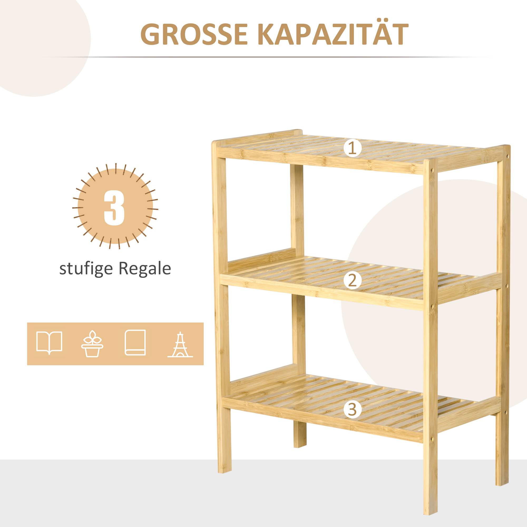 Regal Bambusregal 3 Regalböden, Bambus  62 cm x 33 cm x 80 cm, Natur