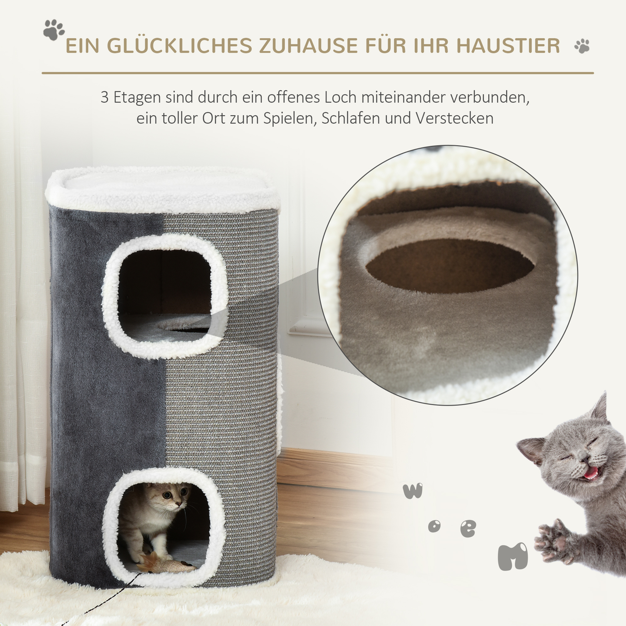 Kratztonne für Katzen Katzenkratzbaum 3 Ebenen Katzenbaum Kletterbaum für Katzen Katzenmöbel Spanplatte samtartiges Polyester Sisal Grau+Weiß 40 x 40 x 74 cm