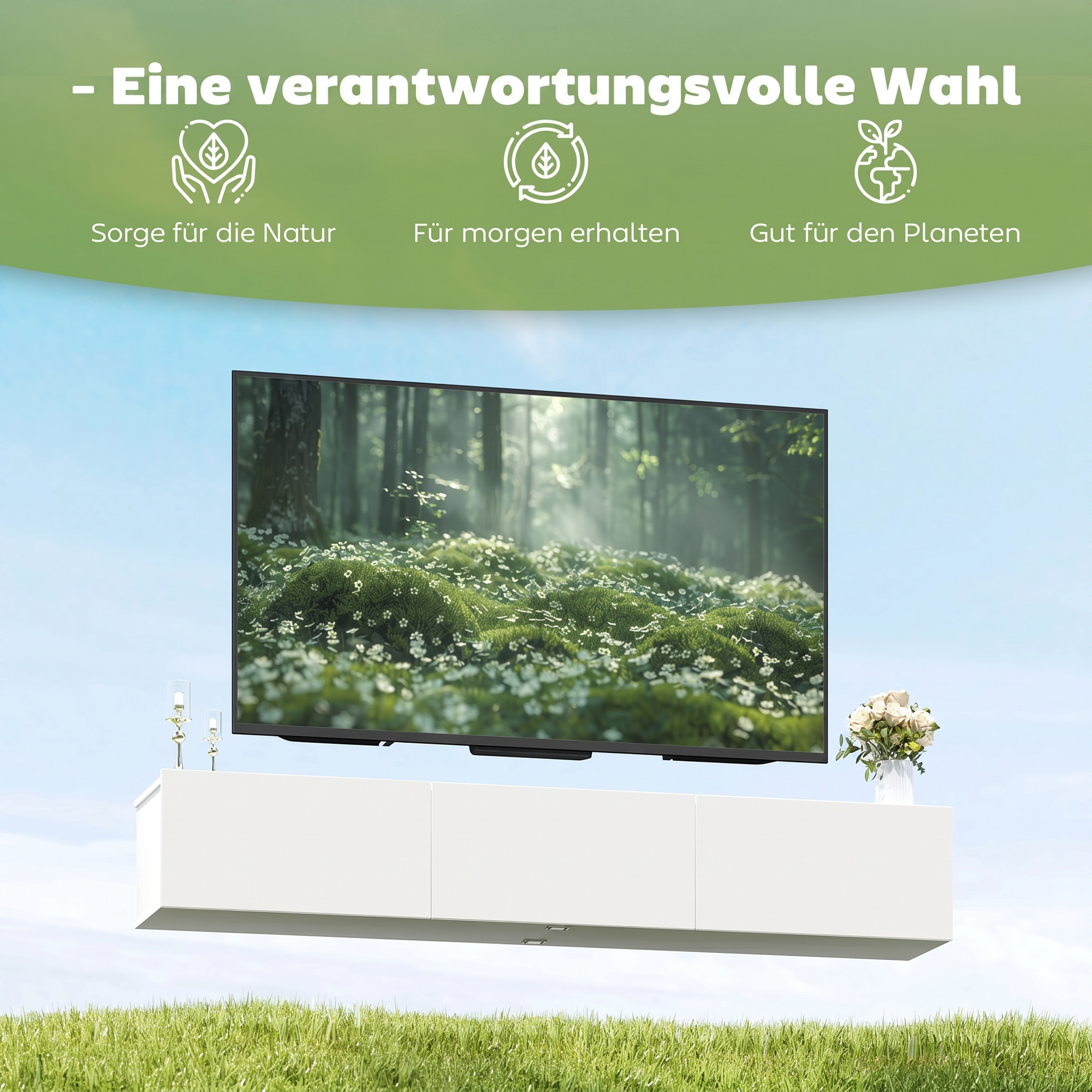 Schwebender TV-Schrank, Wandmontage, 3 Schubladen, viel Stauraum, 180 cm, Weiß