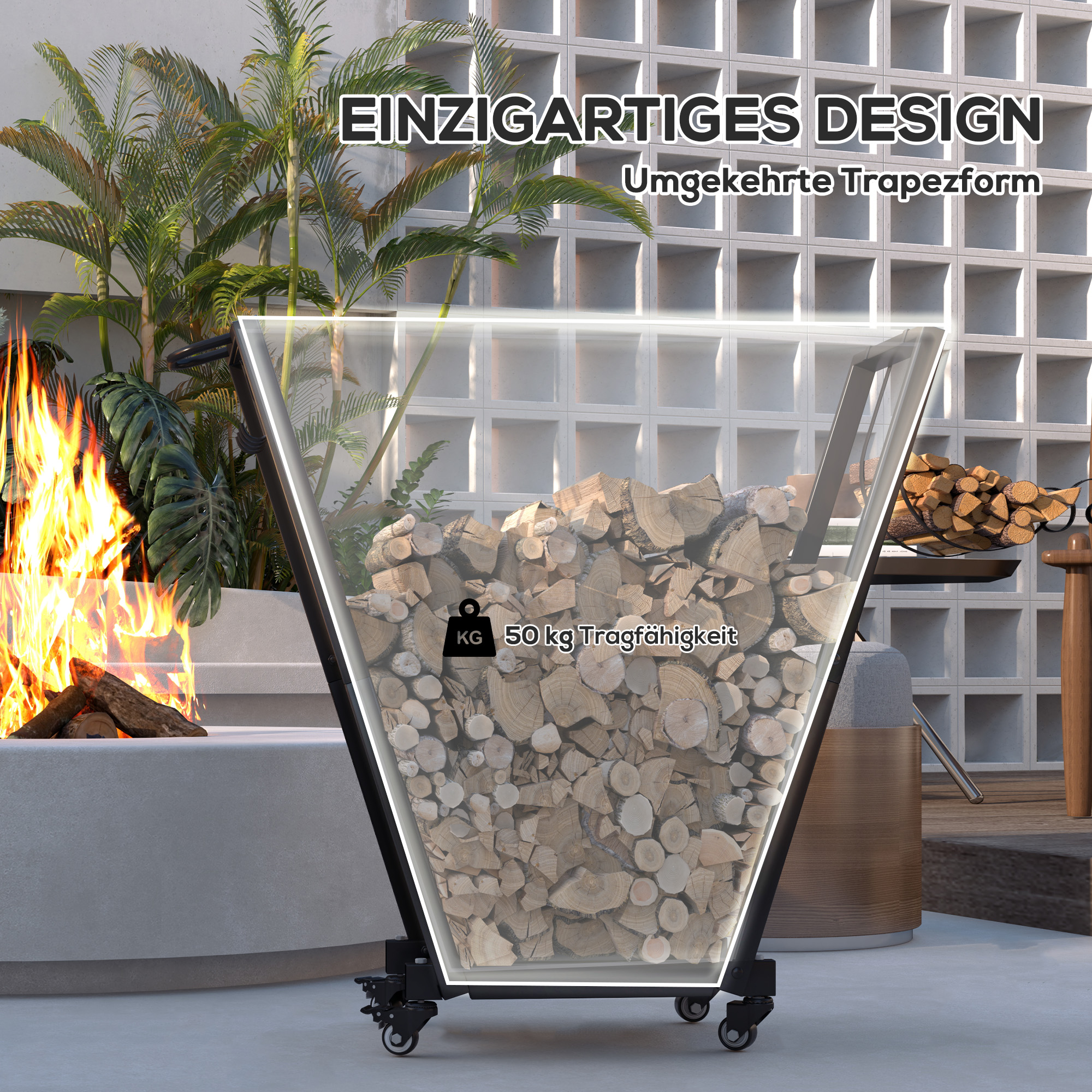 Feuerholzgestell, trapezförmiges Design, pulverbeschichteter Metall, mobil mit Rollen, 79 x 30 x 81 cm, Schwarz
