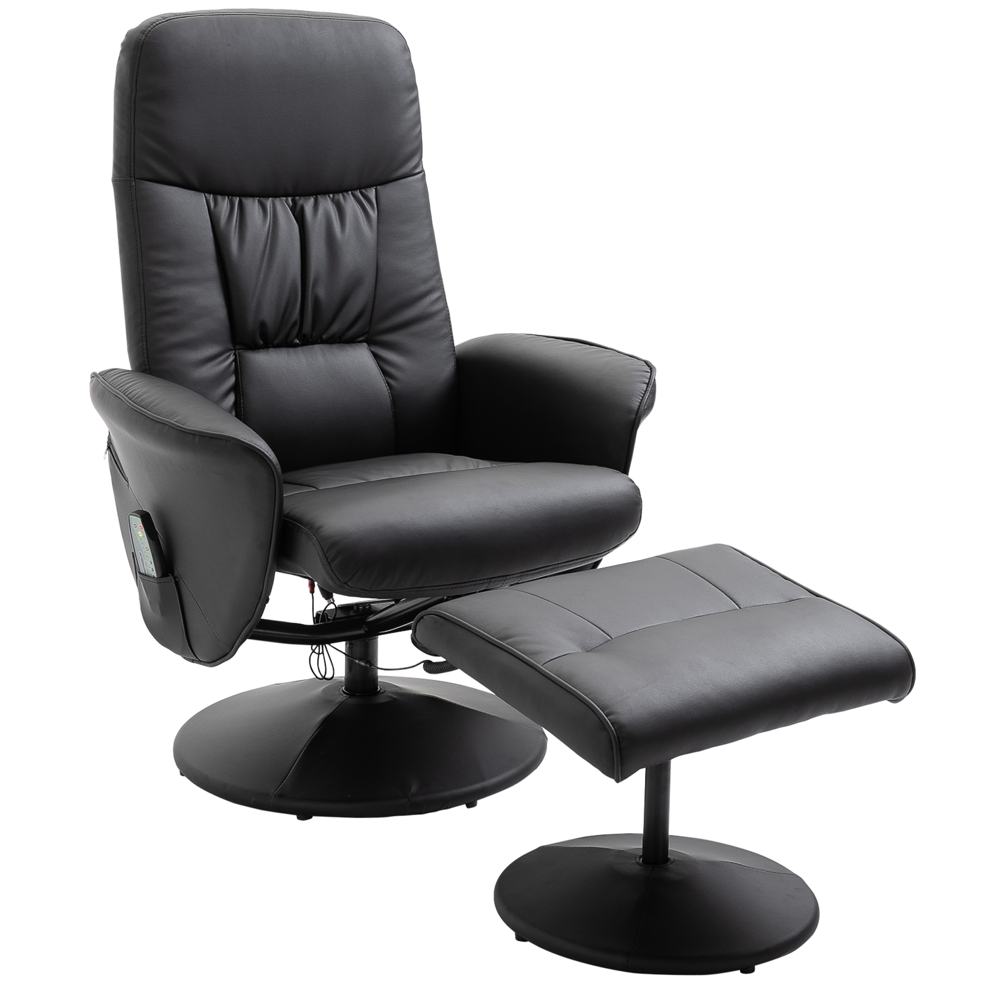 Relaxsessel mit Fußhocker, Elektrischer Massagesessel mit Liegefunktion, 10 Massagepunkte, Drehbarer Fernsehsessel mit Seitentasche, Fernbedienung, Kunstleder, Schwarz
