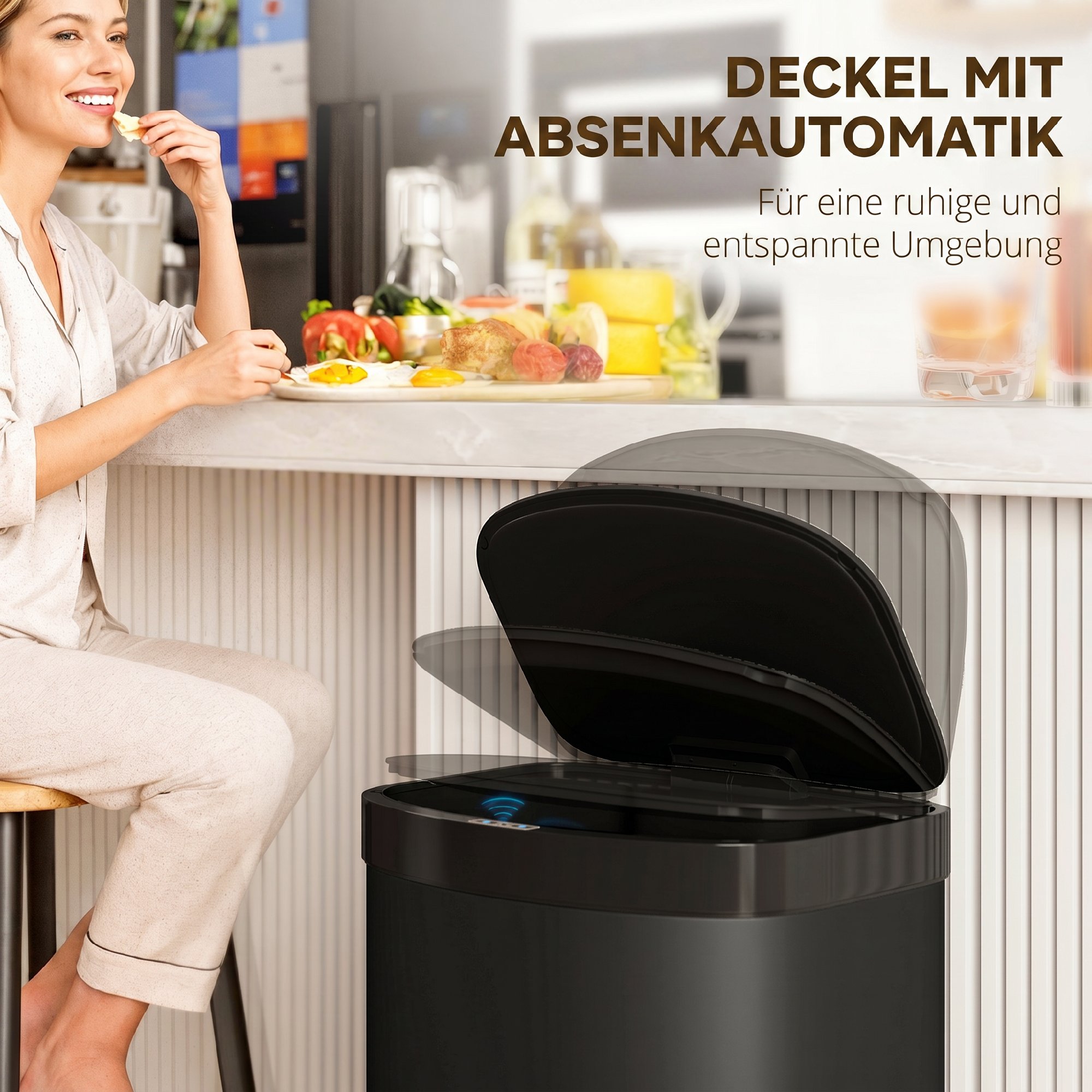 Sensor Mülleimer 55L Abfalleimer mit Soft-Close-Deckel aus Edelstahl, für Küche Fitnessstudio Büro, Schwarz