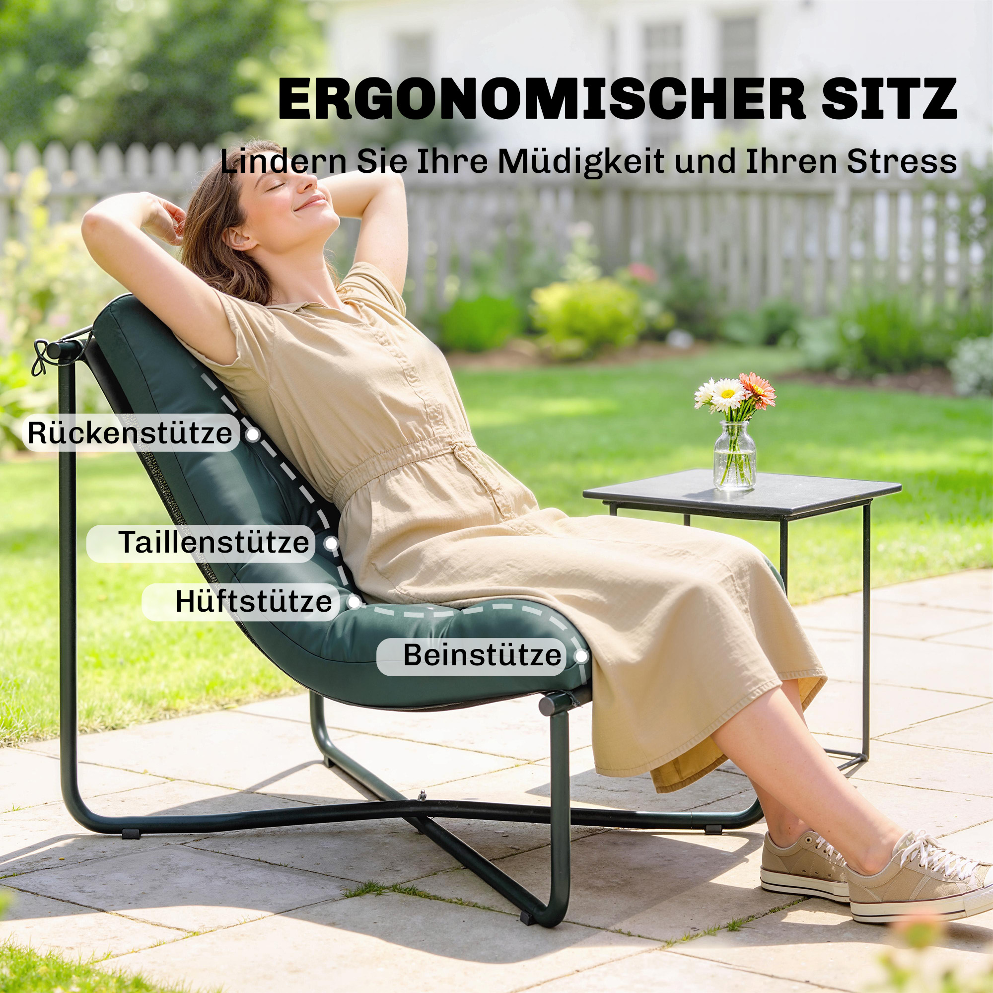 Gartenstuhl Gartensessel mit Kissen Atmungsaktiver Sling-Sitz Stahlrahmen für Garten Terrasse 76 x 92 x 76 cm Dunkelgrün