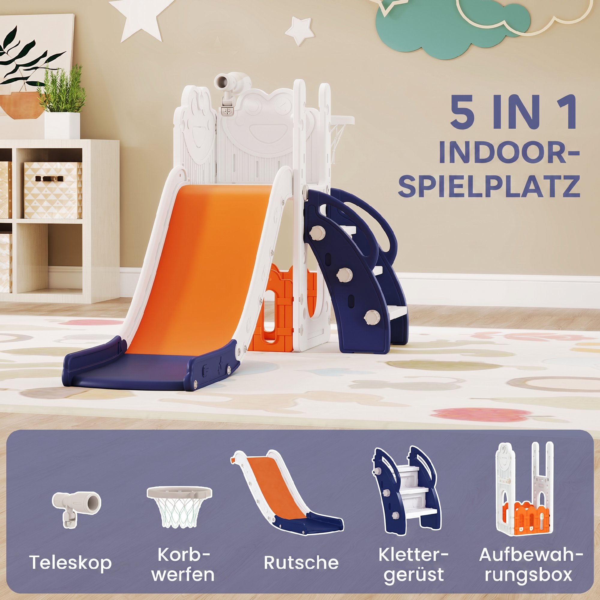 5-in-1 Kinderrutschenset, Teleskop, Basketballkorb, Kunststoff, Orange+Dunkelblau