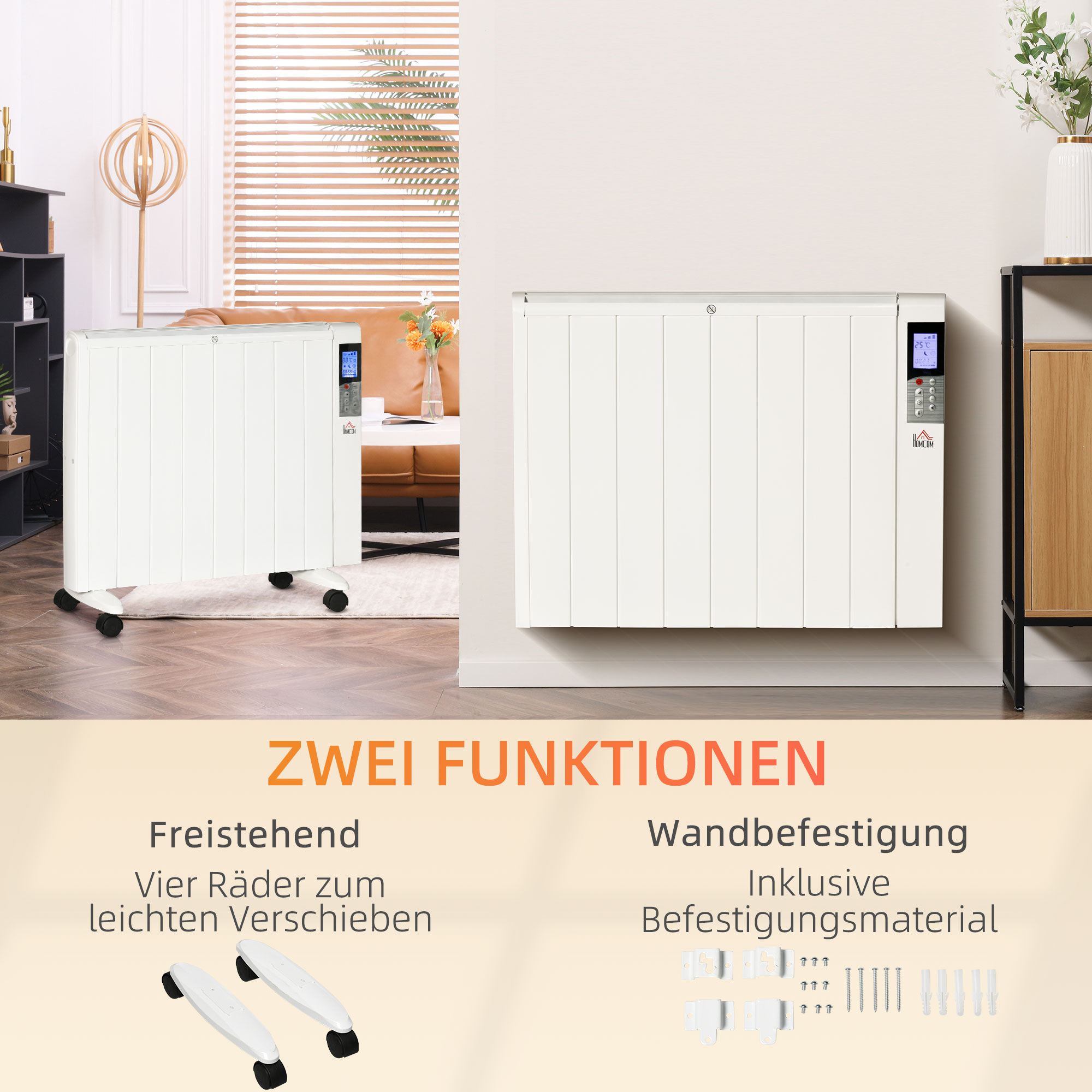 Elektroheizung mit Rollen, 9 vorinstallierte Modi, Wandmontage möglich, 5-35° C, weiß, 75 x 7,5 x 58,5 cm