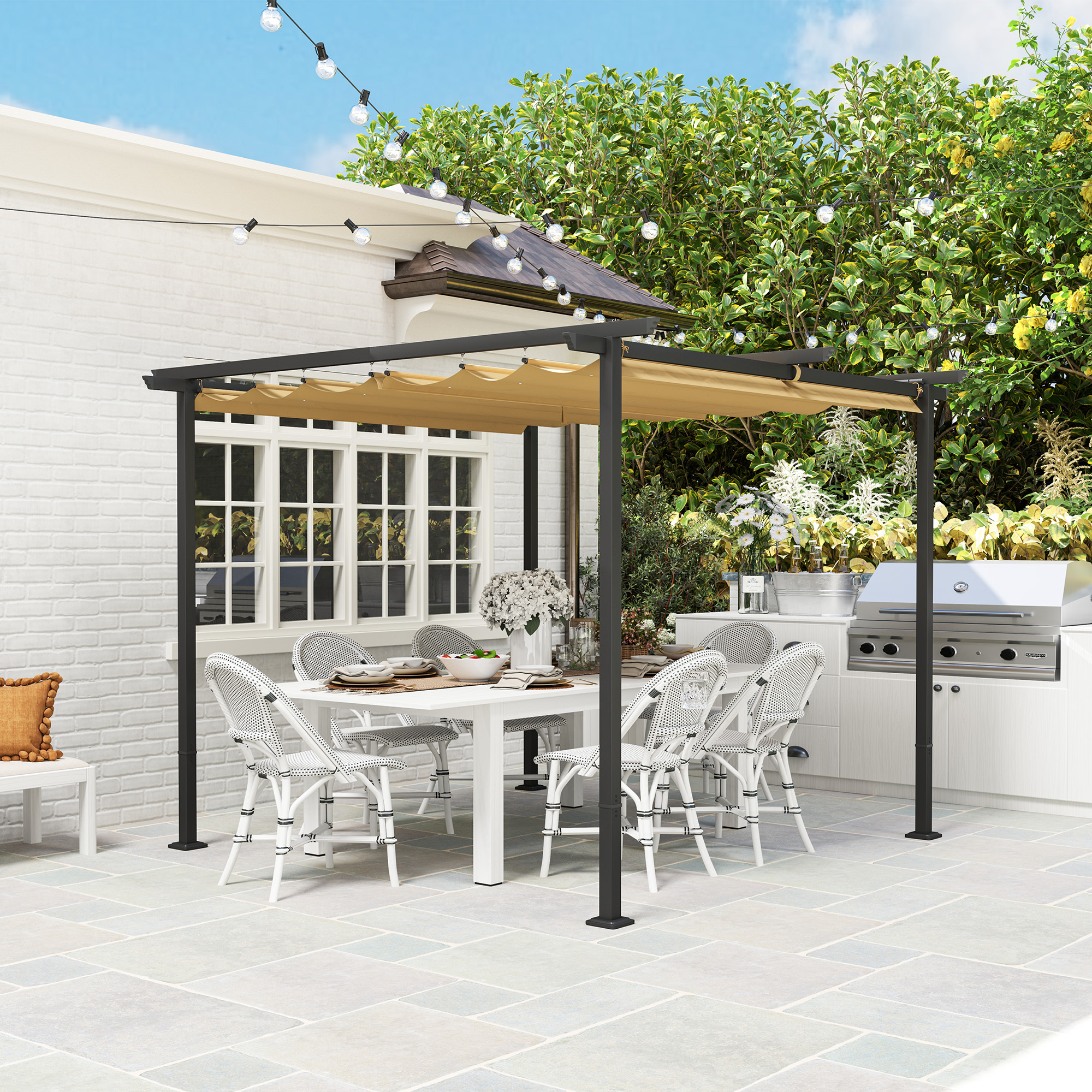 3 x 3 m Garten-Pergola mit verstellbarem Dach, Metallrahmen, UPF30+ Schutz, Sonnendach für Veranda, Terrasse, Beige
