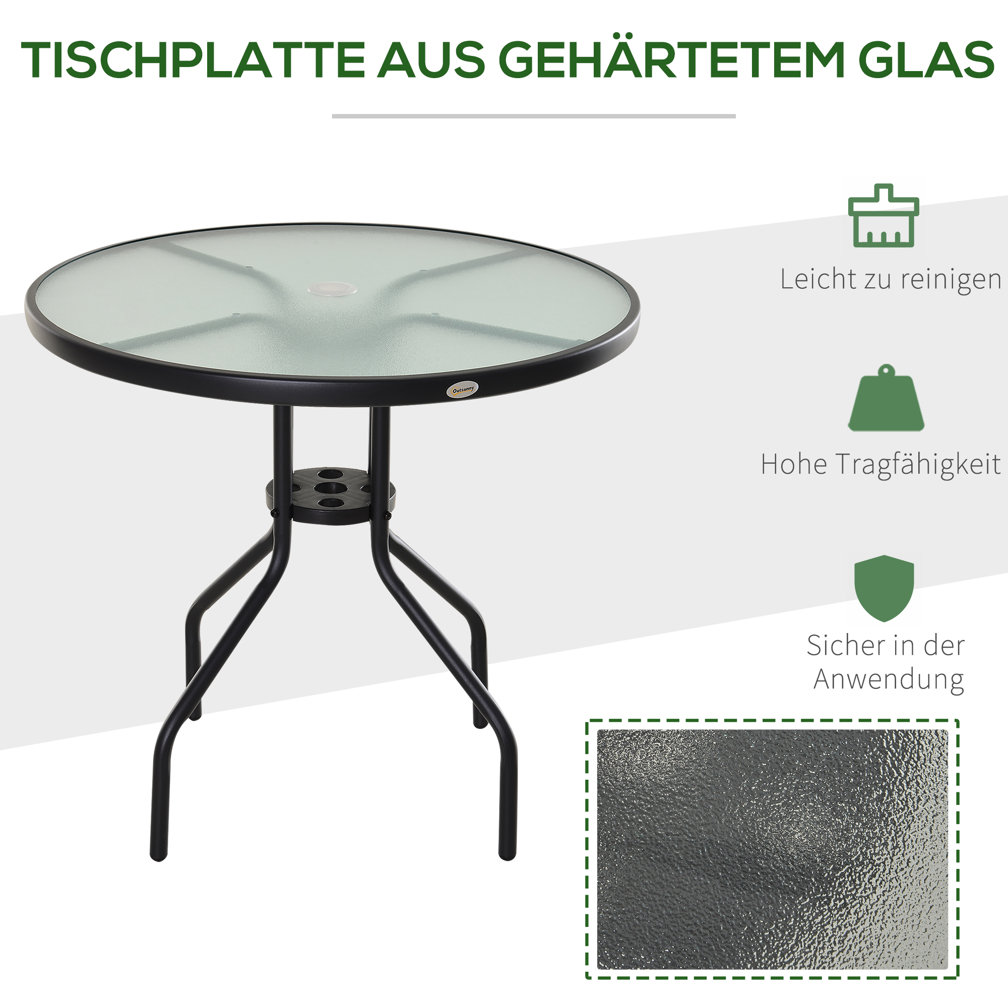 Gartentisch Balkontisch Garten Beistelltisch Bistrotisch Gartenmöbel mit Schirmloch Hartglas + Metall Schwarz Ø80 x 72 cm