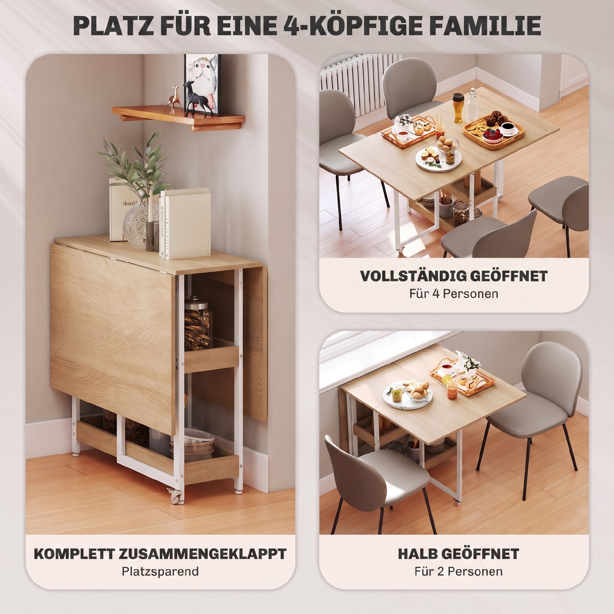 klappbarer Esstisch im Industriedesign, für bis zu 4 Personen, offene Regale, flexibel, Metall, Spanplatte, Holzoptik Natur