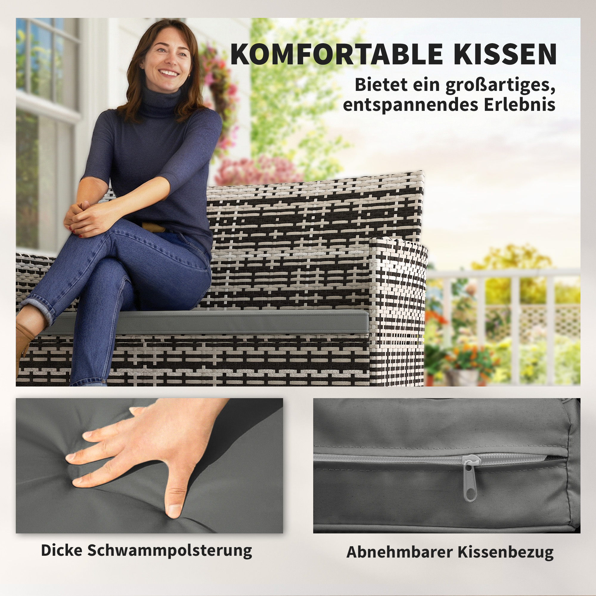 2-Sitzer Rattan Gartensofa PE-Rattan Outdoor-Terrassen-Sofa mit Polster, Anti-Rutsch-Matten, Stahlrahmen, Hellgrau