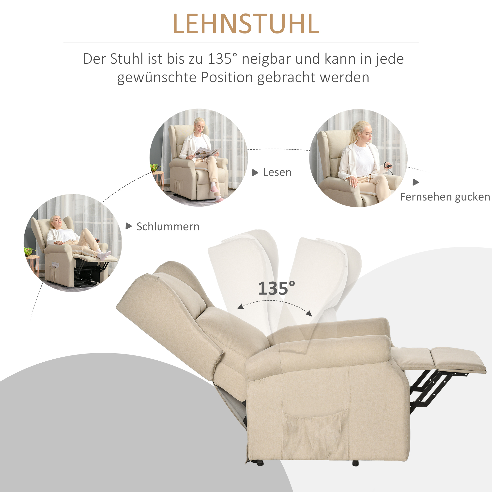 Relaxsessel mit Liegefunktion elektrisch, Seniorensessel mit Aufstehhilfe, , bis 200kg, 72,5x94x109cm, Creme