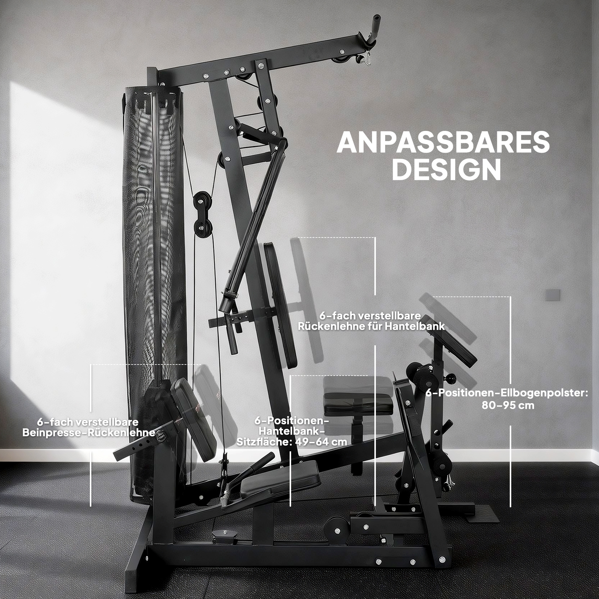 Kraftstation Fitnessstation mit Latzug Butterflystange 65kg Gewichten Seil bis zu 120kg