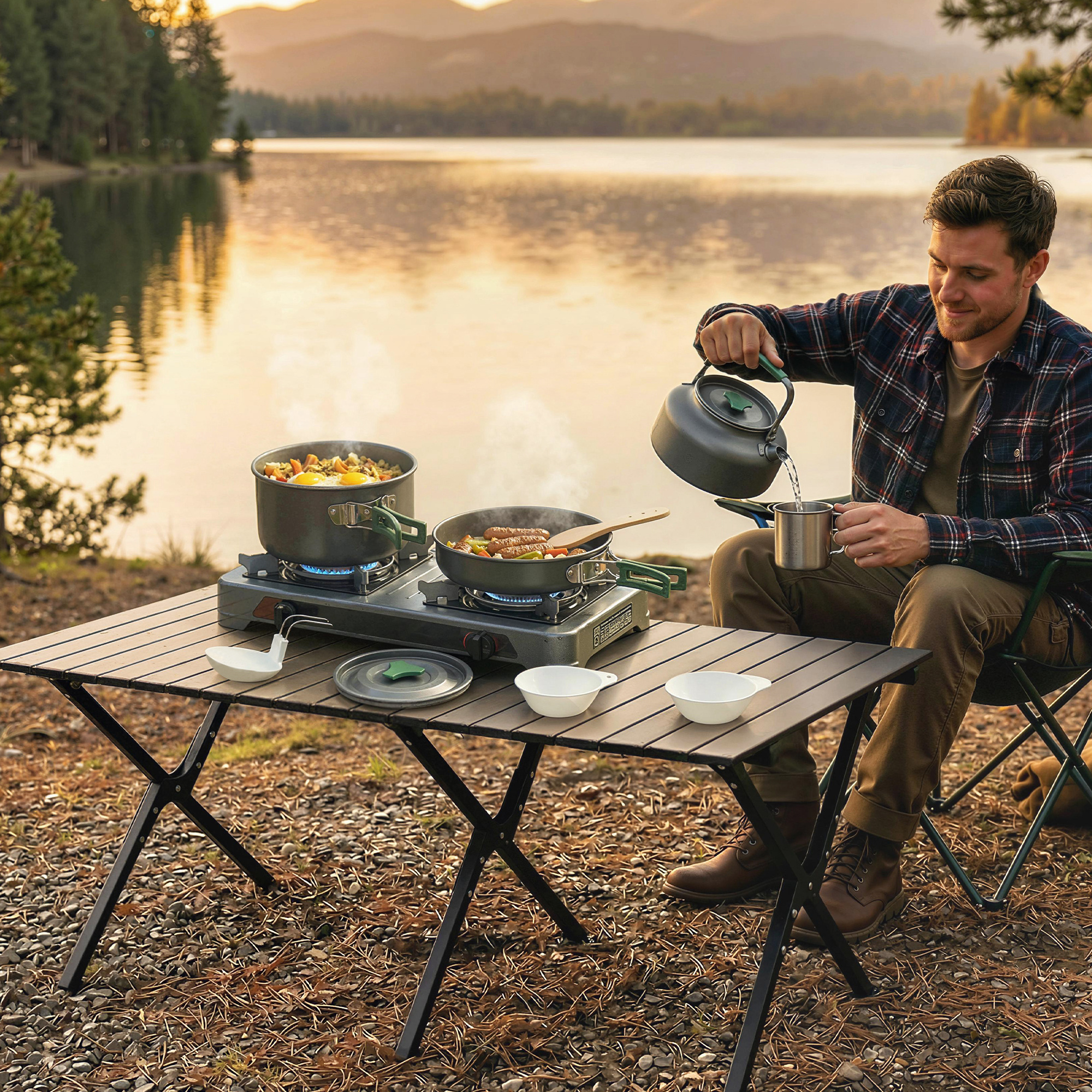Camping Kochgeschirr Set 5-teiliges Outdoor Geschirr Set mit Anti-Verbrühungsgriffen Topf Pfanne für 4-5 Personen Grau